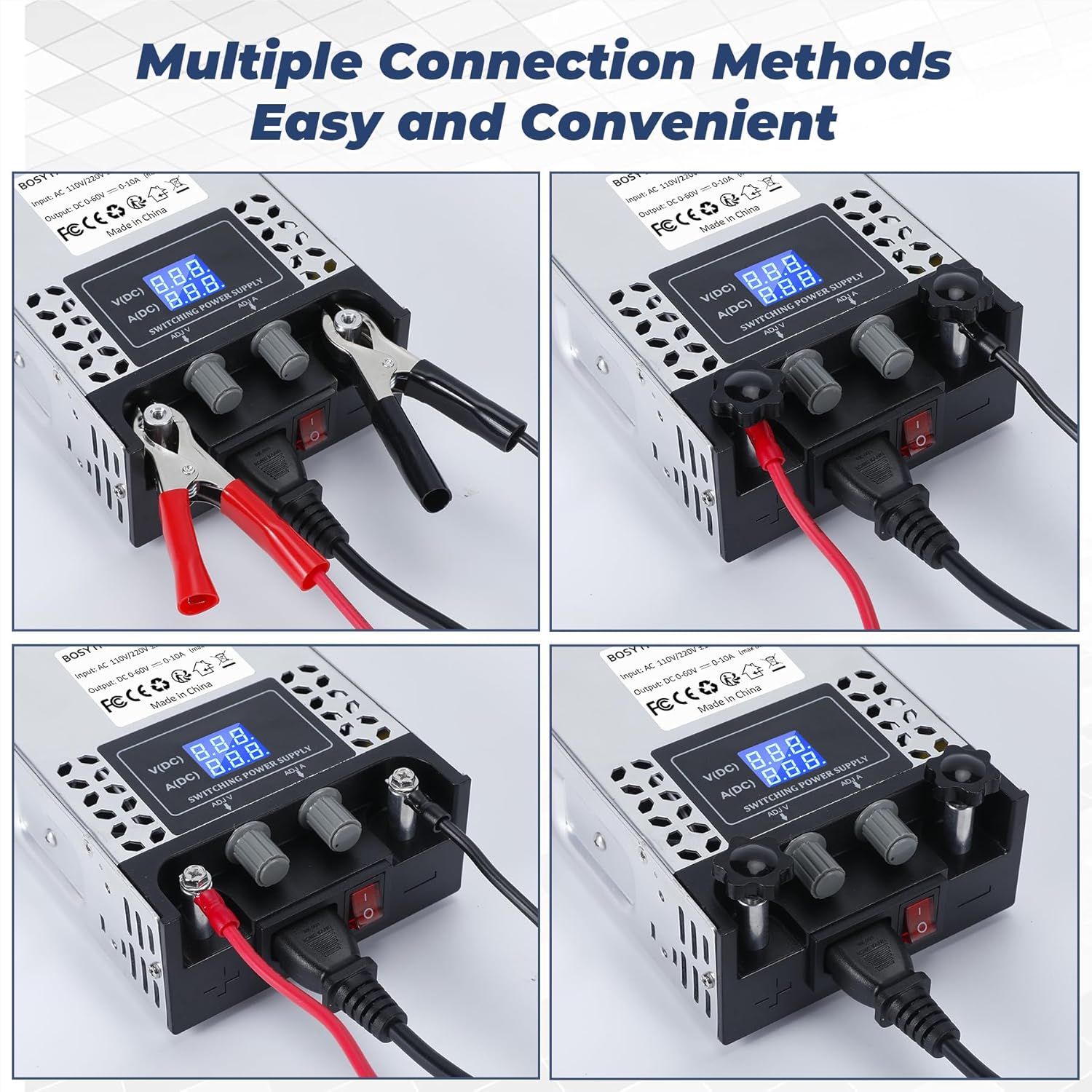 Illustrations demonstrating various methods for connecting a DC load to the power supply's output terminals, including alligator clips and direct wire connections.