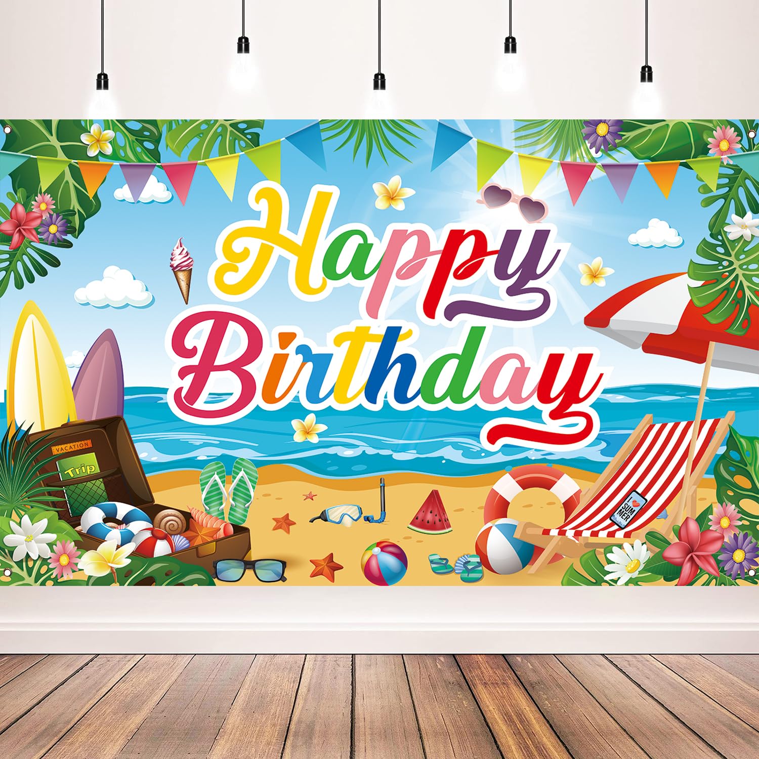 Summer Beach Birthday Backdrop, Summer Beach Birthday Banner for Summer Beach Birthday Party Decorations, 71 x 43 inches
