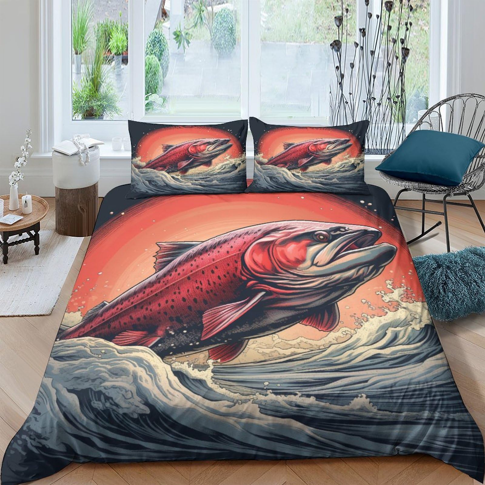 Le Saumon Ensemble De Literie 3D en microfibre double 200x200cm avec housse de couette et taies