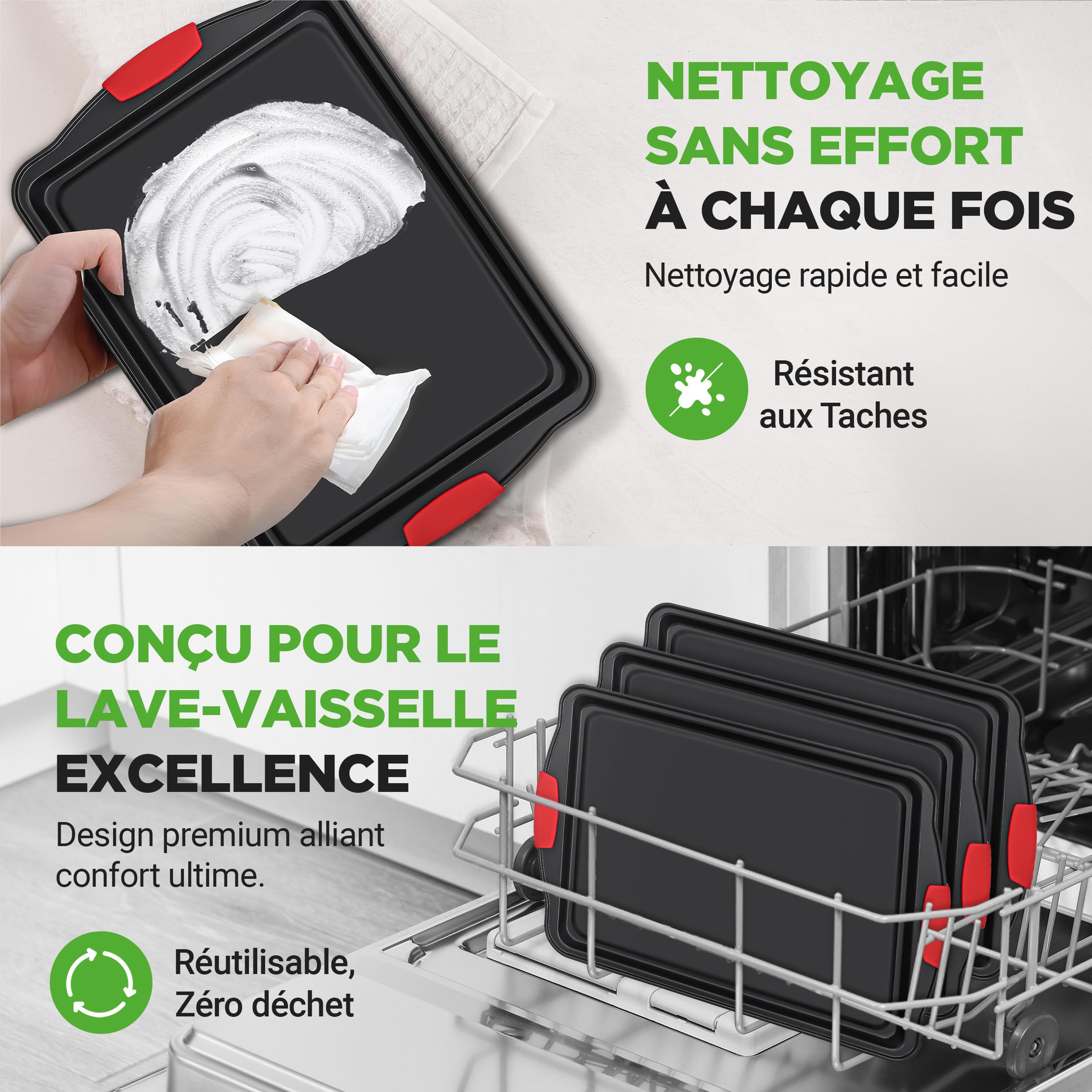 NutriChef Lot de 3 Grandes Plaques à Cookies – Antiadhésives, Empilables, Anses Silicone, 230 °C, Distribution Thermique Uniforme, Noir
