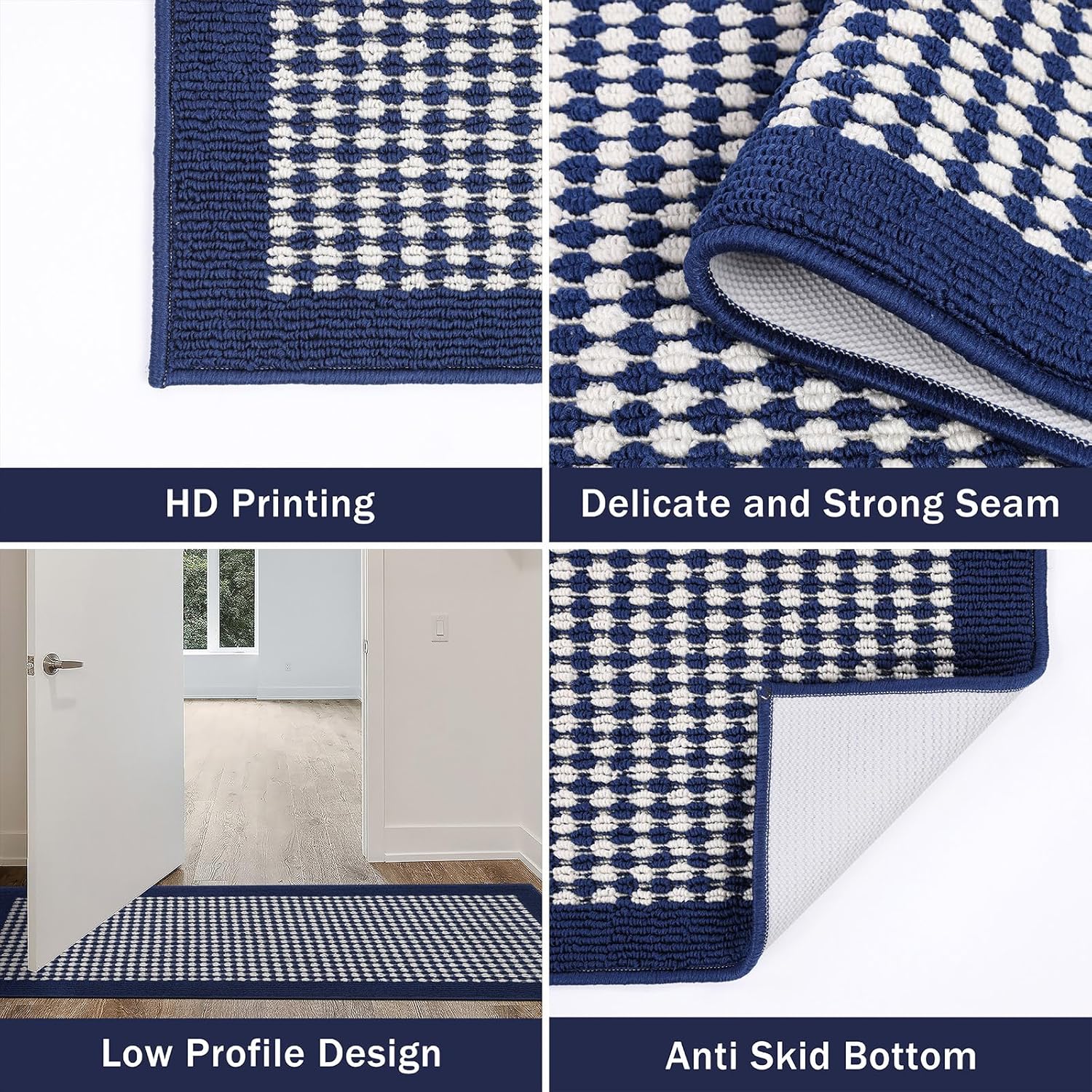Ileading Kitchen Mat Sets 3 Piece Minimalist 3D Lattice Kitchen Floor Rugs with Non Slip Rubber Backing Machine Washable Farmhouse Runner Rugs for Laundry Hallway Doormat(Navy)
