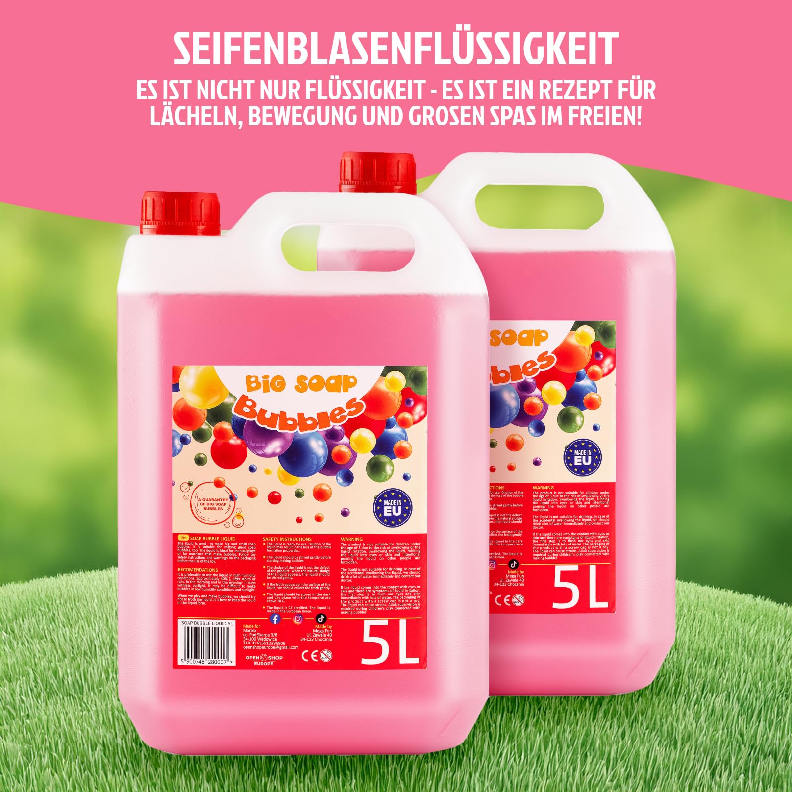 Seifenblasenflüssigkeit 2 x 5 Liter Kanister | Flüssigkeit für große Seifenblasen | Zusatz für mehr Seifenblasenspaß | Für Kinder & Erwachsene – Geburtstag & Hochzeit
