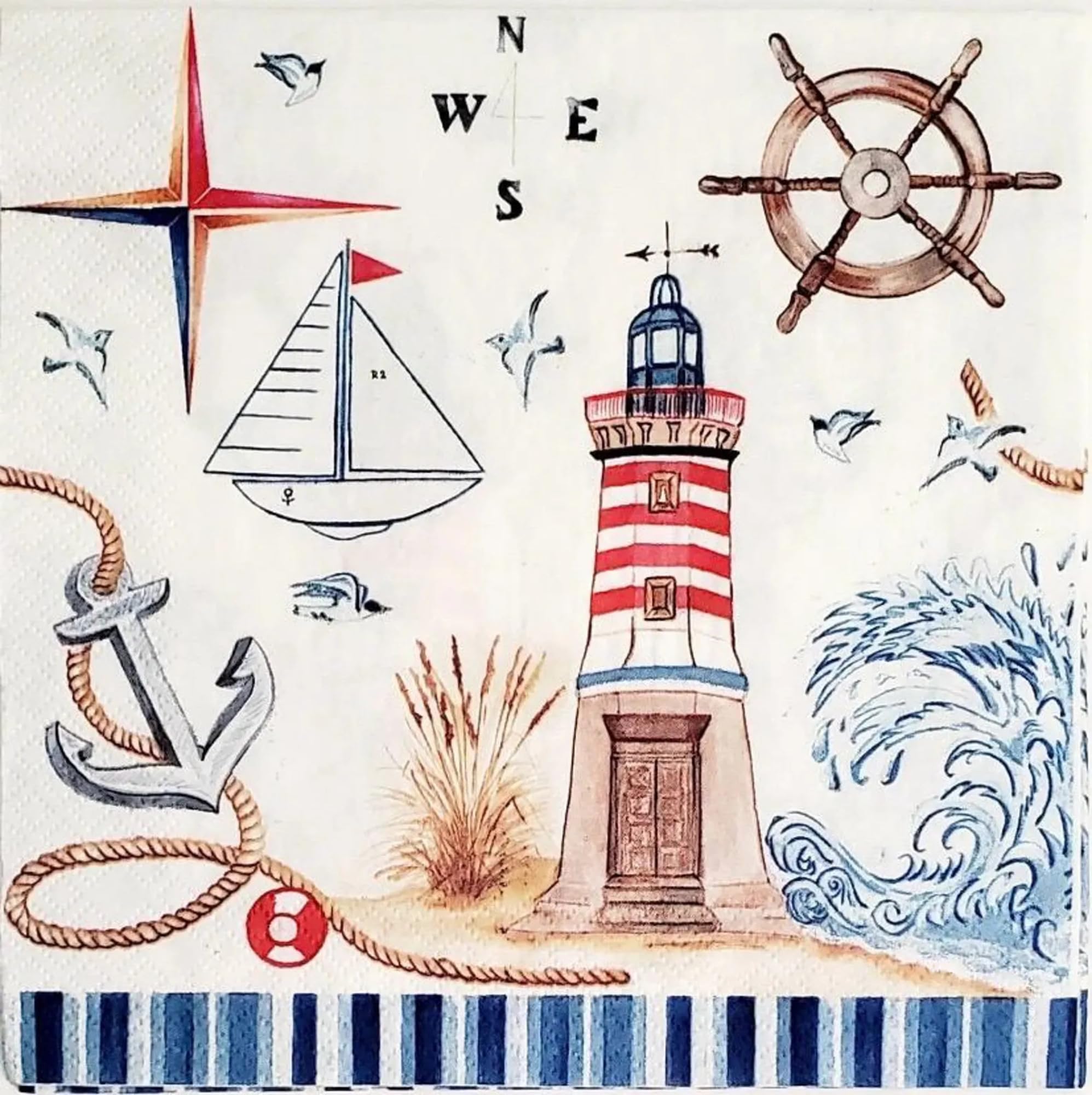 Set of 2 Individual Decoupage Paper Party Napkin Nautical Sea Lighthouse Watercolor Decor Luncheon Napkins for a Birthday Holiday, Wedding, Cocktail Party