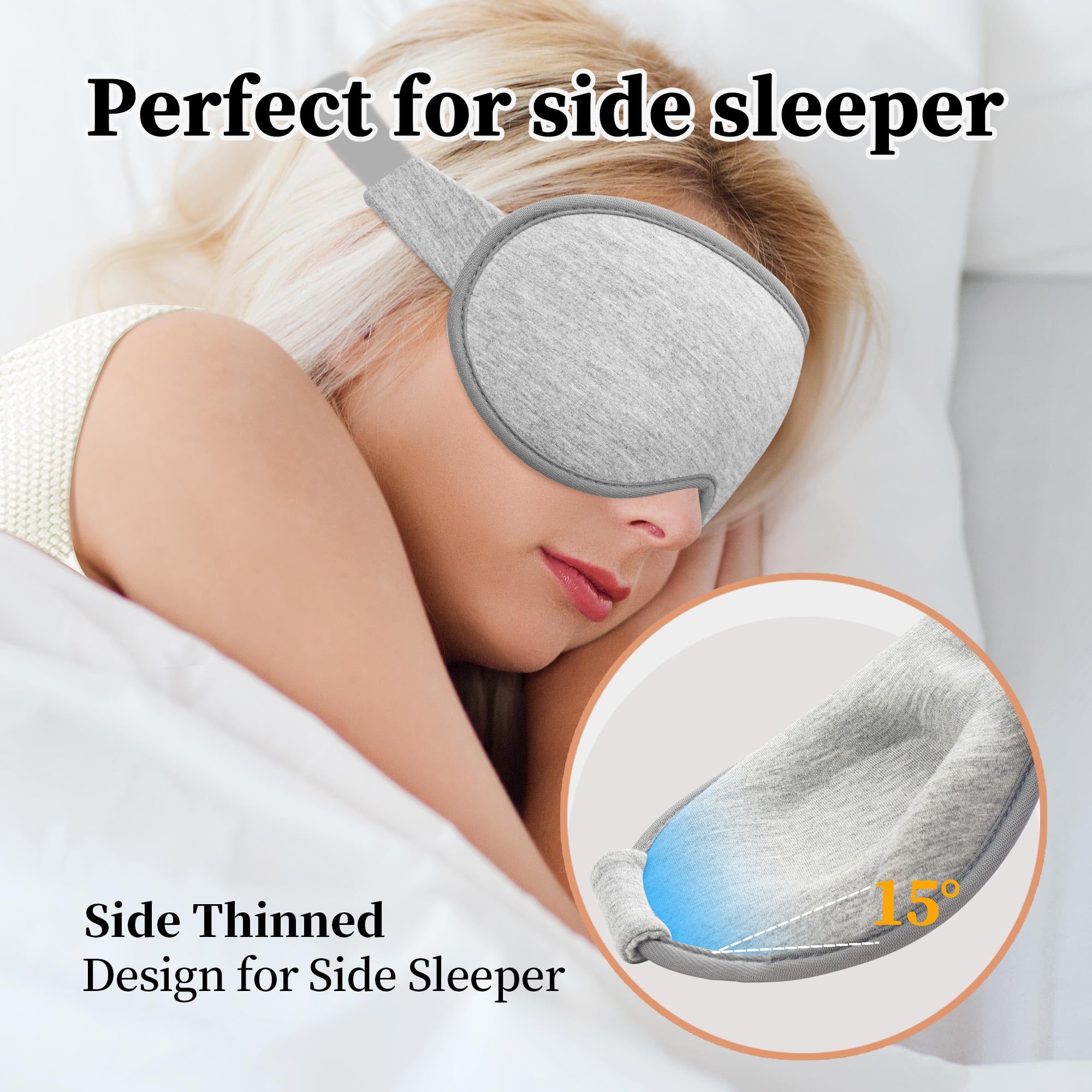 Paquete de 2 antifaz para dormir de lado, bloqueo de luz completo 3D, antifaz suave y transpirable para mujeres y hombres, relajante, cero presión, con correa ajustable, negro y gris