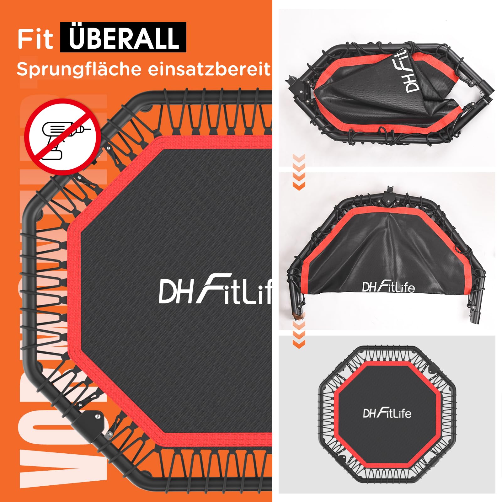 DH FitLife Fitness Trampolin klappbar Leise Gummiseilfederung ohne Installation | 45/50 Zoll Trampoline für Indoor & Outdoor Jumping | 115/128cm mit 3 verstellbaren Handgriffstufen