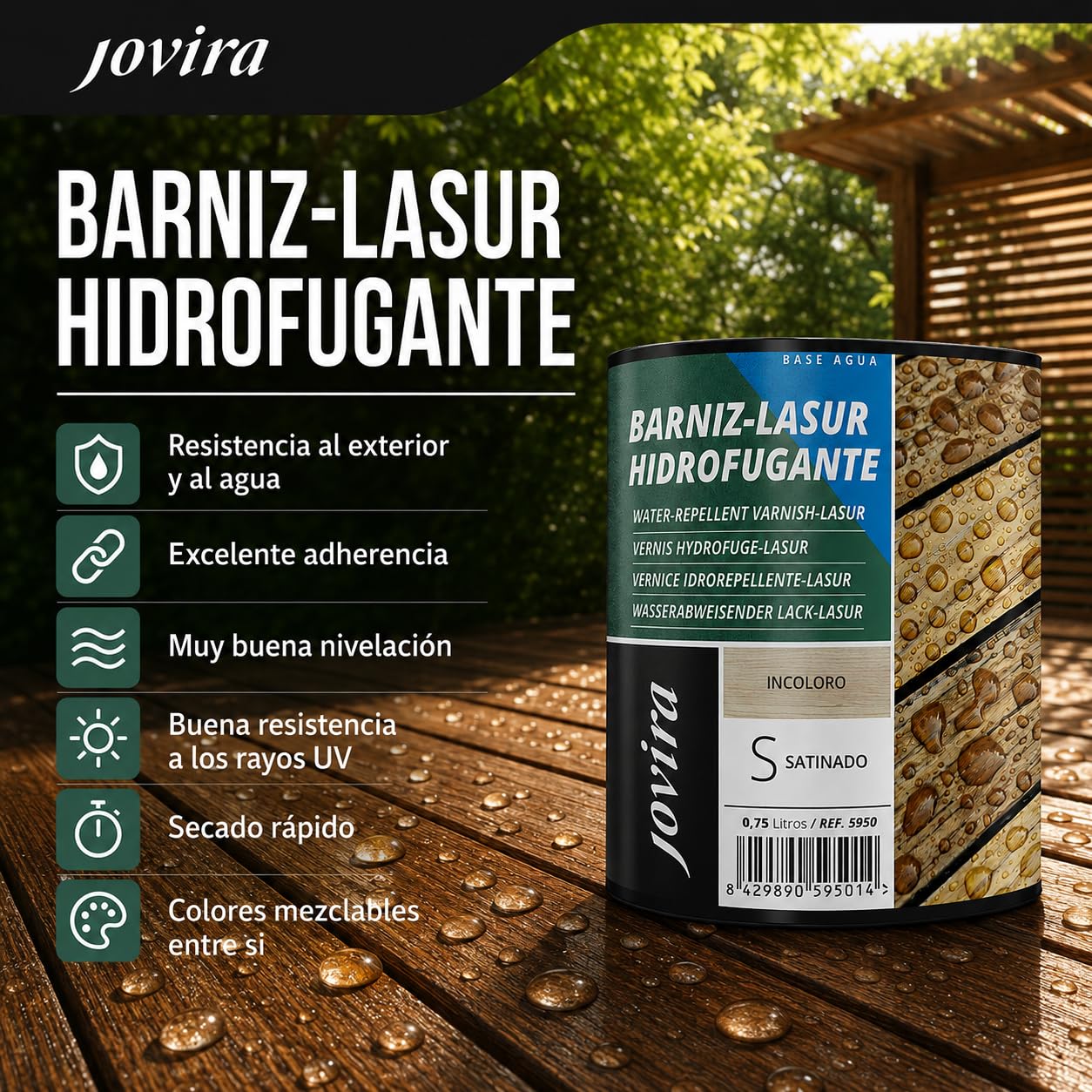 JOVIRA PINTURAS Impregnante legno (3x750 ml Teak) Lasur idrorepellente protettivo satinato all'acqua protegge, decora e impreziosisce tutti i tipi di legno. (3x750 Millilitri, Teak) A-33-3