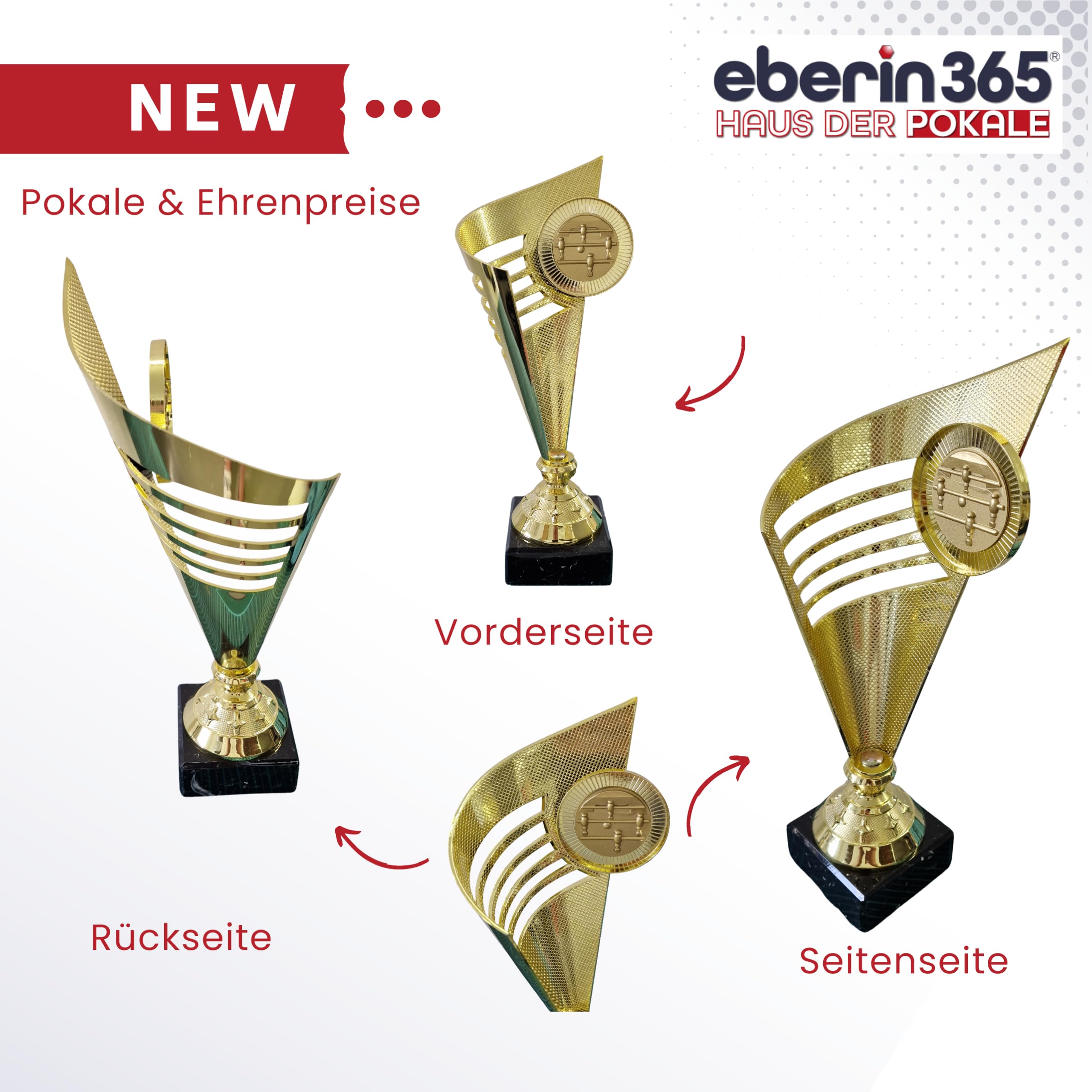 Tischkicker Pokal gold | 31cm | Kicker Emblem Siegerpokal Turnier Award | 560g | Kunststoff mit schwarzem Marmorsockel & goldener Gravurplatte | Kicker Trophäe Sieger