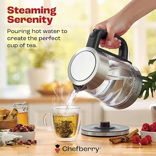 Miniatura 7 de Hervidor eléctrico para hervir té caliente y agua Caldera de vidrio de borosilicato de acero inoxidable de 1.8L sin plástico, apagado automático,
