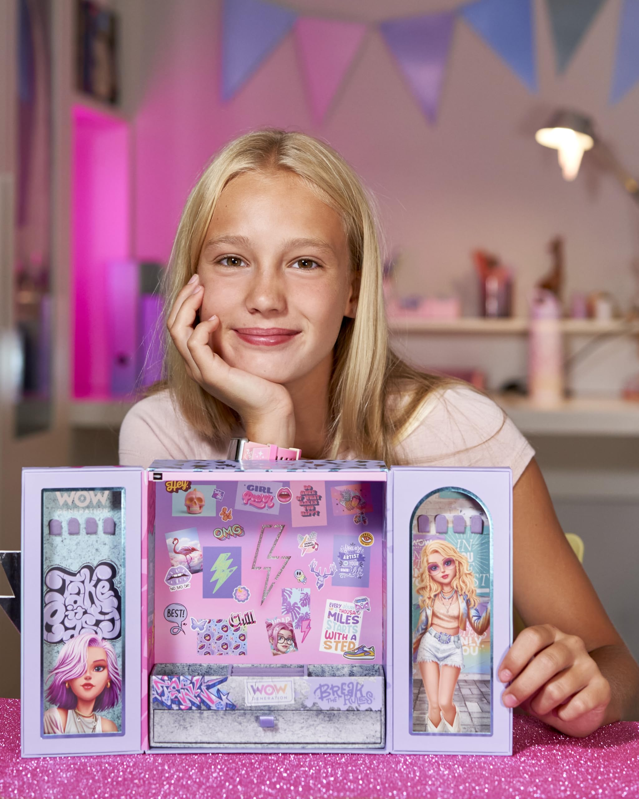 WOW GENERATION Joyero Infantil con Luces LED Organizador Bisutería Compartimentos Colgadores Base Felpa