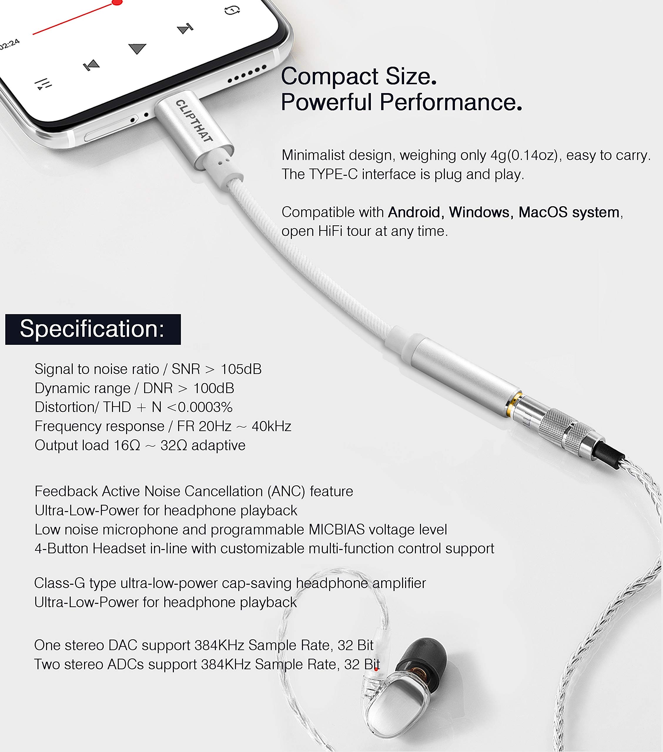 USB C to 3.5mm Headphone Adapter, CLIPTHAT HiFi Type C to Aux Audio