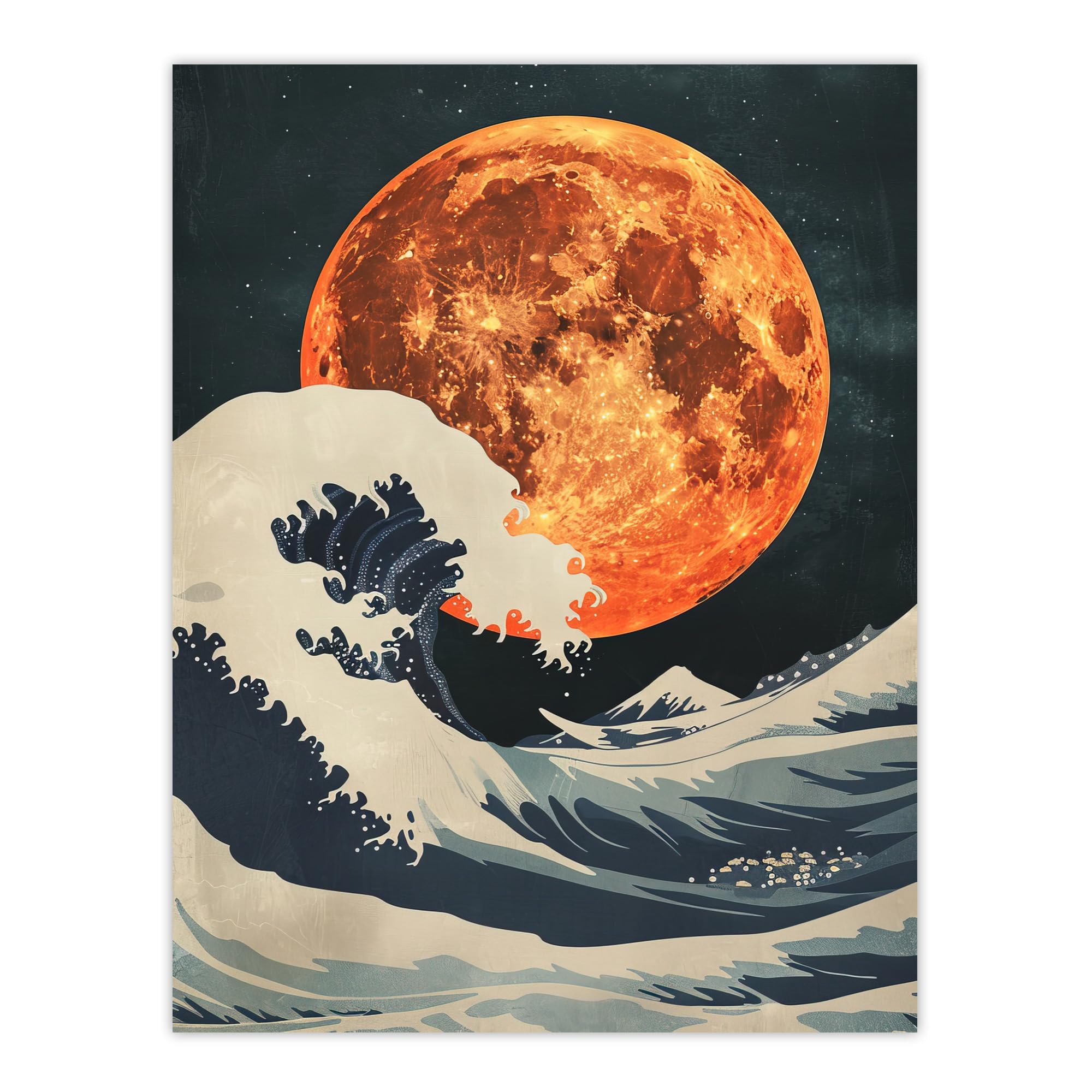 Artery8 Orange Moon Over Japanese Ocean Waves Artwork Living Room Bathroom Extra Large XL Wall Art Poster Print