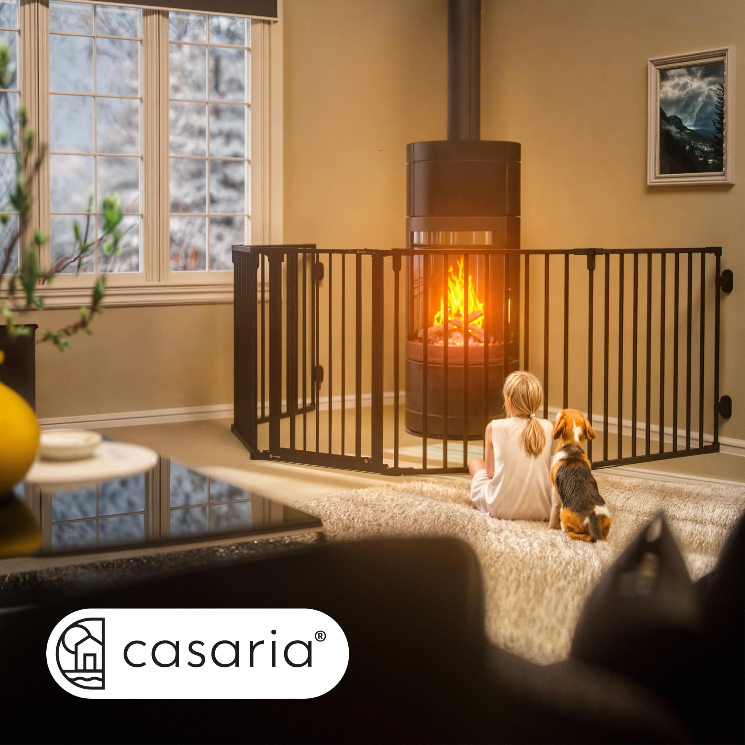 CASARIA Kaminschutzgitter Baby mit Sicherheitstür Metall 2X | 306x76 cm, ohne Bohren, Hundegitter, Kinderschutz, Türschutzgitter, Absperrgitter, Flexibler Einsatz als Laufstall, Schwarz