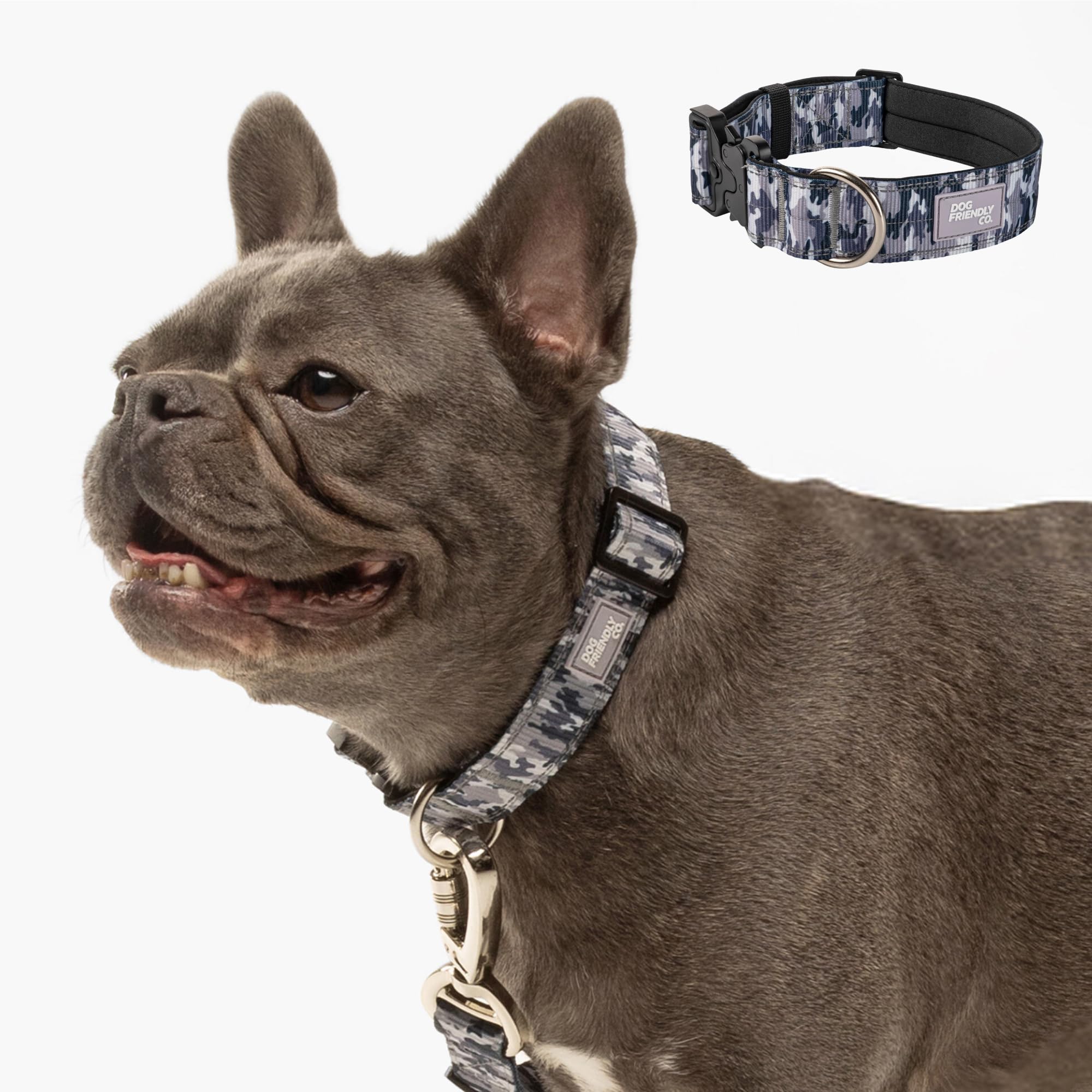 DF Co. Collar táctico para perro, cómodo y seguro, con hebilla de clip de liberación rápida y anillo en D resistente, neopreno acolchado suave, resistente a rozaduras, visibilidad nocturna, camuflaje