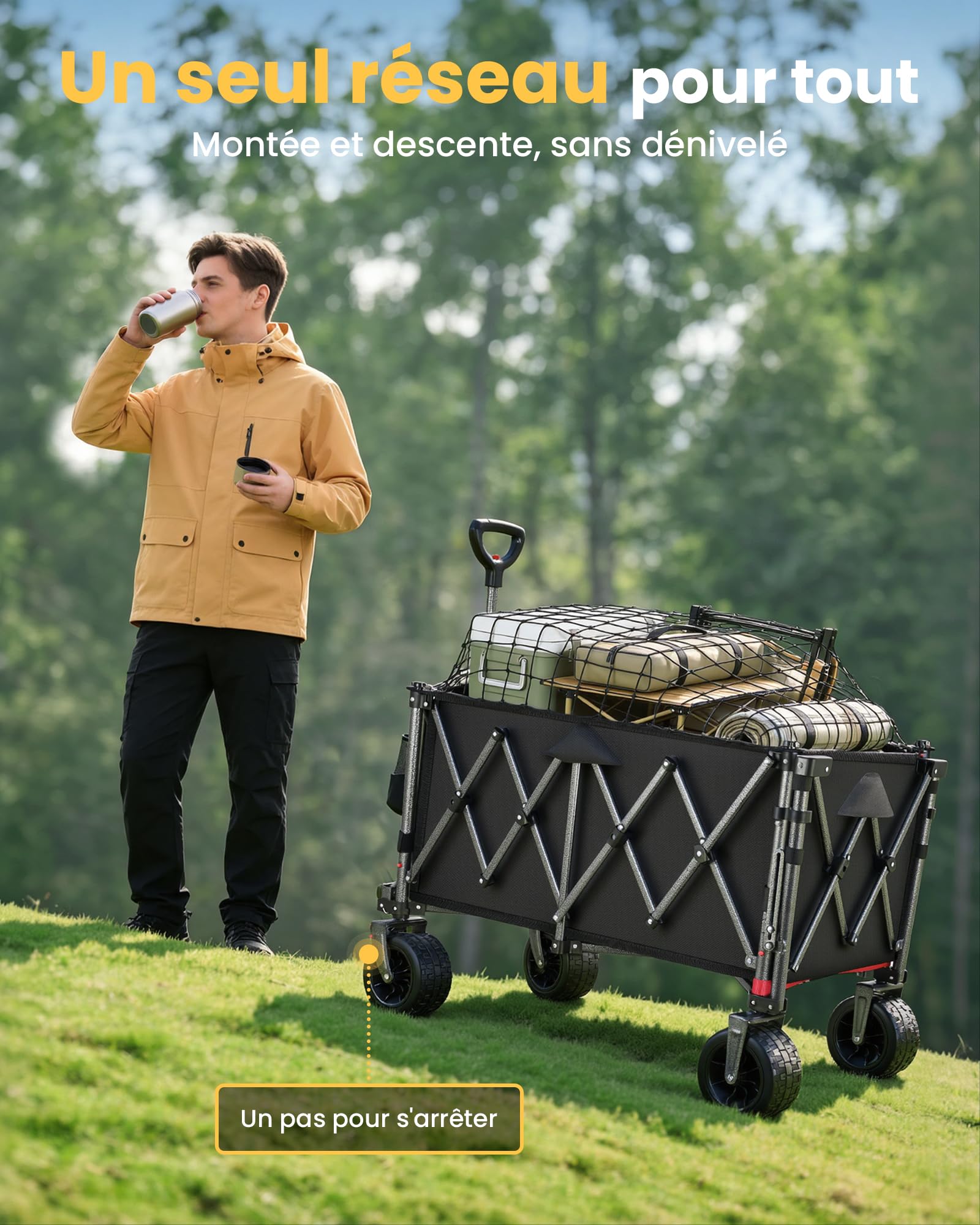 YEAUPE PRO Chariot Pliable 260L 250KG, Chariot de Plage Tout-Terrain Léger 13KG, Roues Large 17cm, Multifonction pour Jardin, Courses, Plage, Pique-Nique & Activités Extérieures