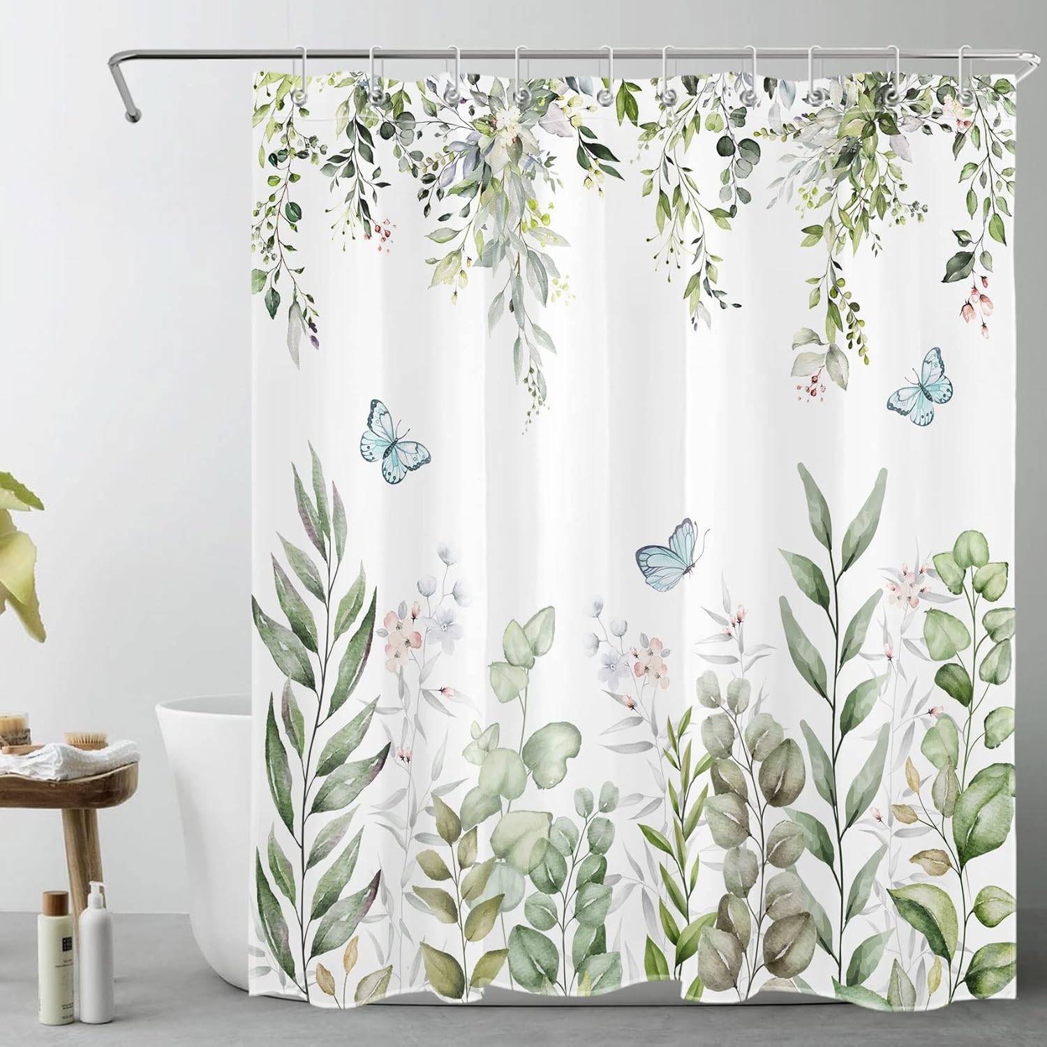 LB Sage Green Eucalyptus Leaves Shower Curtain Watercolor