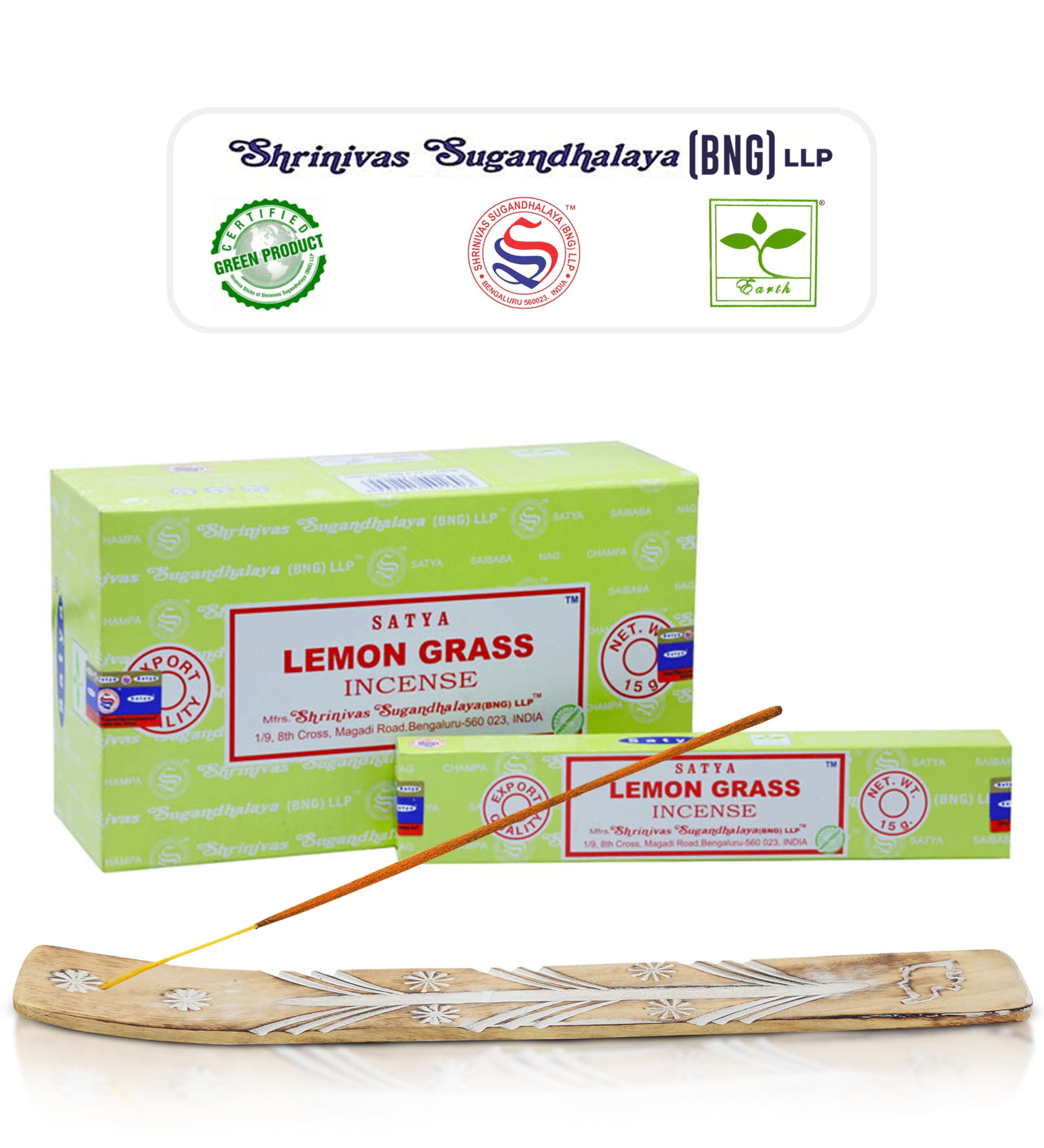 Satya Lemon Grass &amp; Nagchampa Incense - 15gmx12 Pack with Raajsee Incense Holder