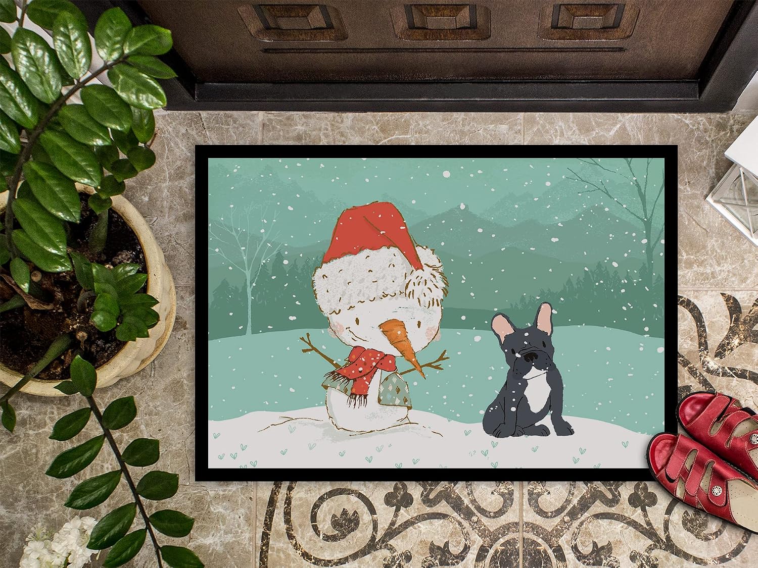 Caroline's Treasures CK2085JMAT Black French Bulldog Snowman Christmas Doormat 24x36 Front Door Mat Indoor Outdoor Rugs for Entryway, Non Slip Washable Low Pile, 24H X 36W