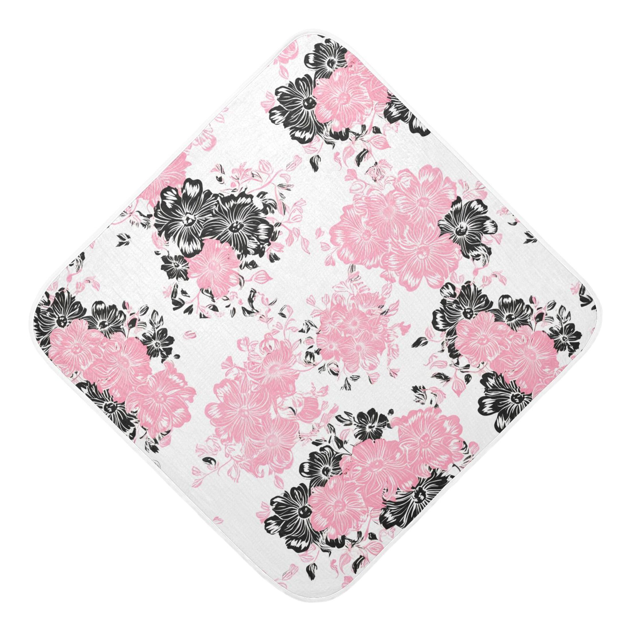 Kigai Baby Hooded Towel Absorbent Baby Bath Shower Towel with Hood for Newborn Boys Girls Babies Infant Toddler (Pink Black Flowers 35 x 35 in)