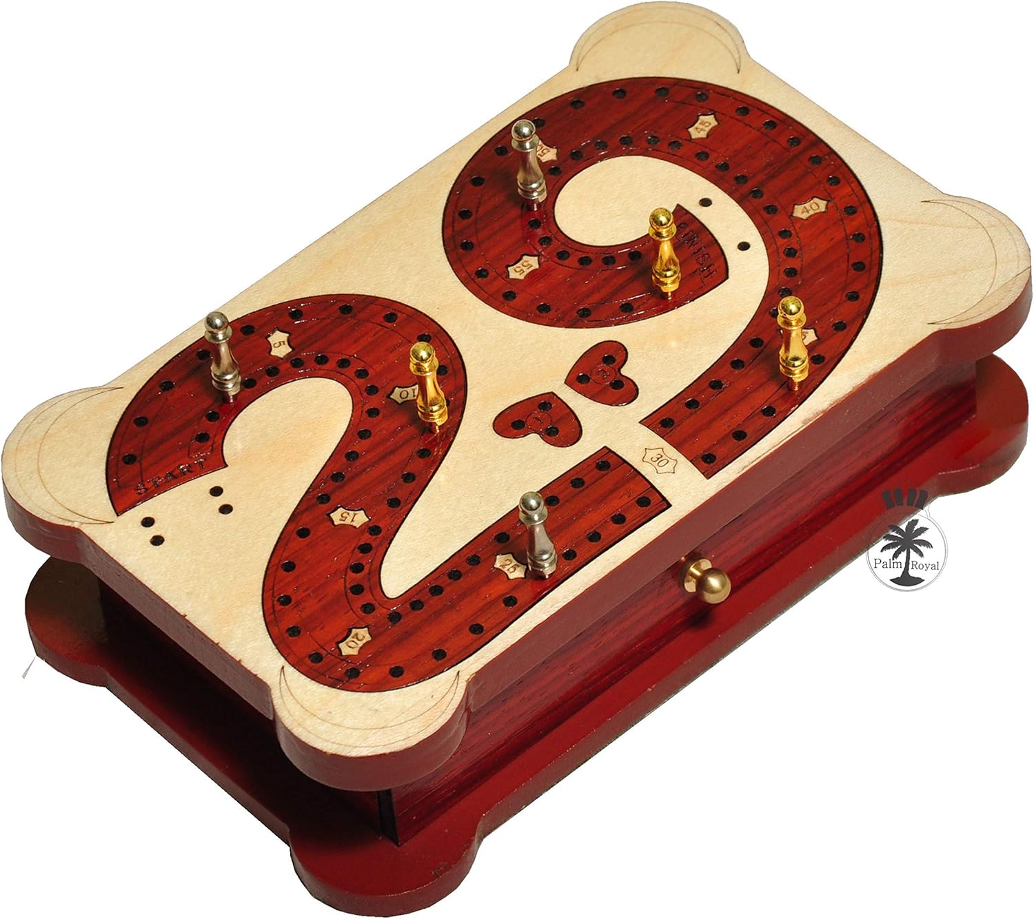PALM ROYAL HANDICRAFTS 2 Track Wooden Cribbage Board 29 Cribbage Inlaid in Blood Wood and Maple. Travelling Cribbage with Storage and Pegs (6.5 inches)