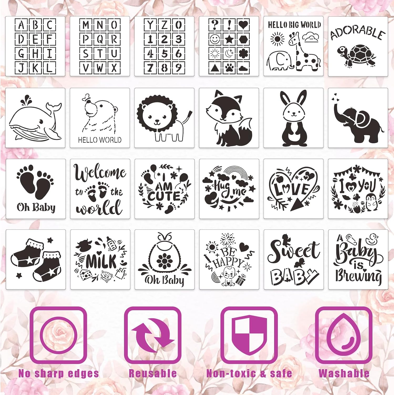 SytuHe 95 Pcs DIY Baby Bibs Decorating Kit50 White Bibs 24 Stencils 20 Fabric Markers 1 Baby Shower Game Sign