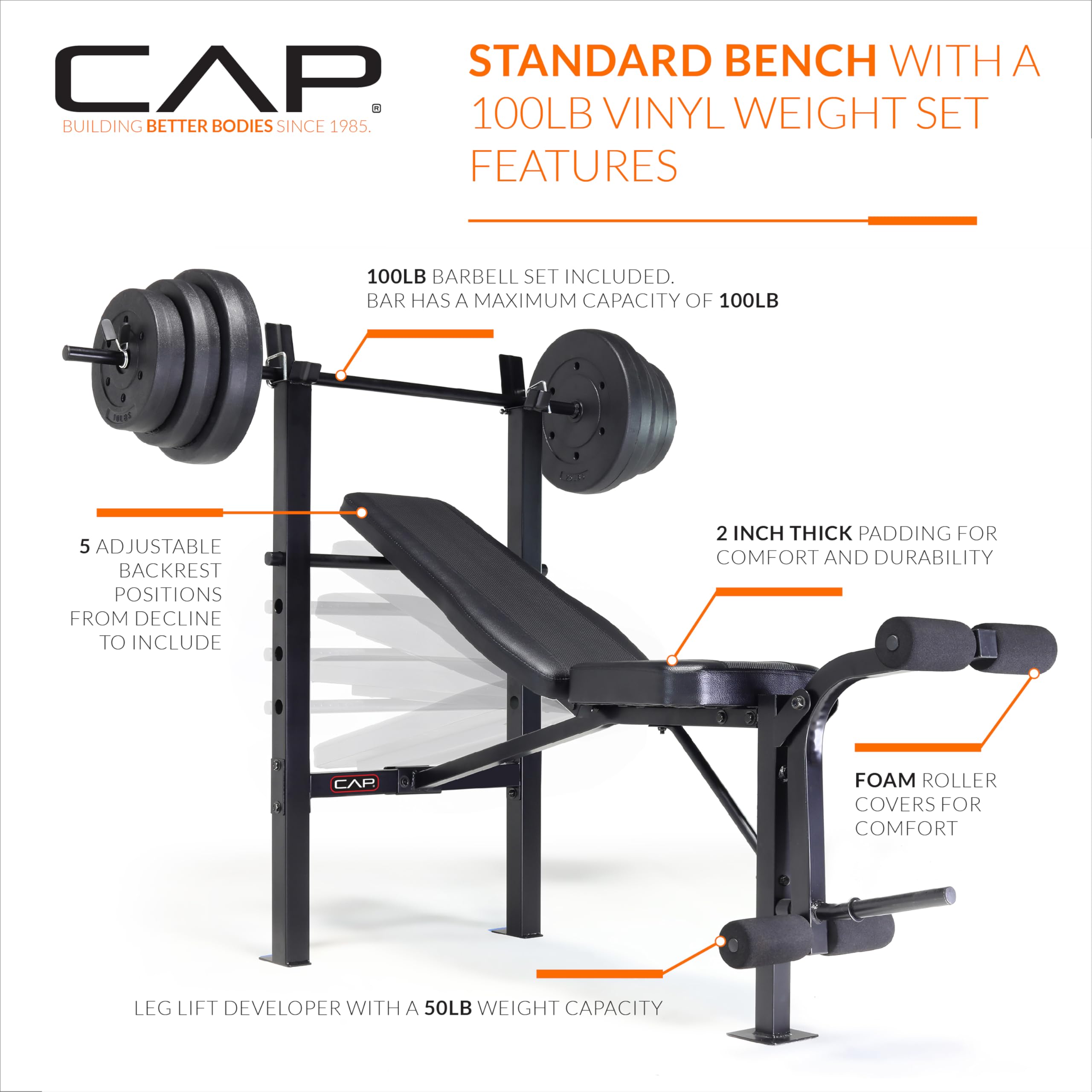 Standard Weight Bench with Leg Developer and a 100 LB Vinyl Weight Set – Adjustable Backrest, Barbell, and Cement Plates for Home Gym