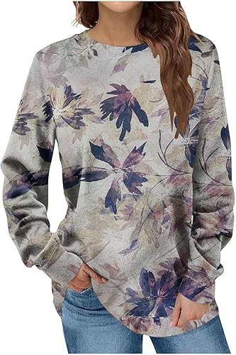 Floral Printed Sweatshirts for Women Relaxed Fit Long Sleeve Crewneck Sweatshirt Casual Fall Vintage Pullover Tops 2023