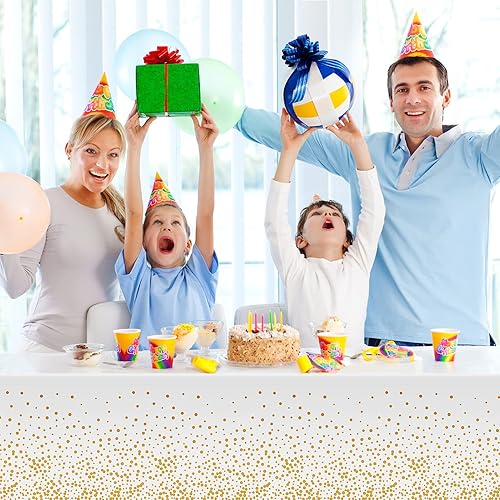 Miniatura 5 de Manteles para mesas rectangulares, paquete de 3 manteles de plástico de 54 x 108 pulgadas, desechables, manteles con lunares dorados para decoración