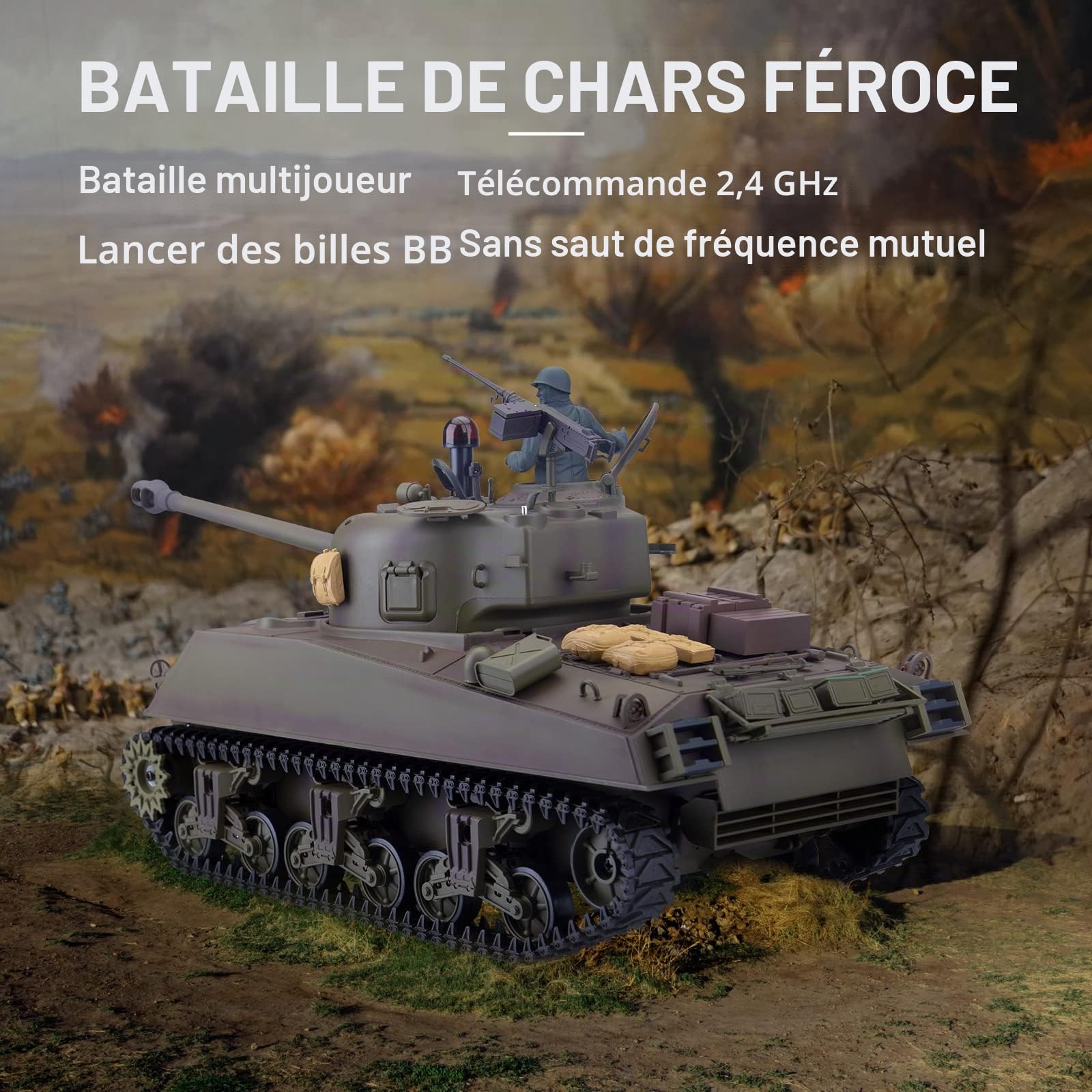 Réservoir RC 1/16 pour adultes, 2,4 G US M4A3 Sherman Main Battle Tank Modèle avec boîte de vitesses rétractable Long Canon Lancement BBs Bataille infrarouge, modèle de véhicule militaire