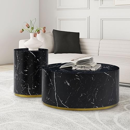 Miniatura 84 de kevinplus Mesa auxiliar negra para sala de estar, diseño de borde dorado inferior, negro y dorado (diámetro de 15.6 x 19.5 pulgadas) S1-negro y