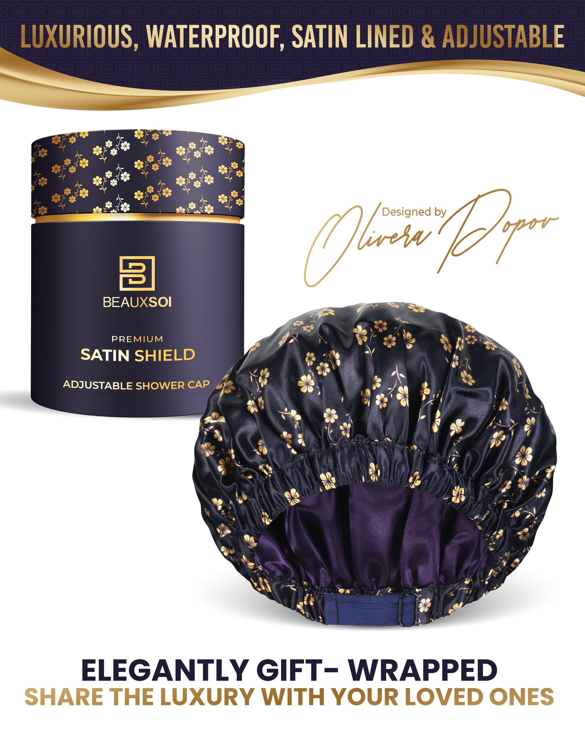 Luxury Reusable Shower Cap for Women - Satin Lined, Adjustable & Waterproof - Keeps Hair Dry- Durable Hair Bonnet by BEAUXSOI (Fleur de Nuit) - Floral design