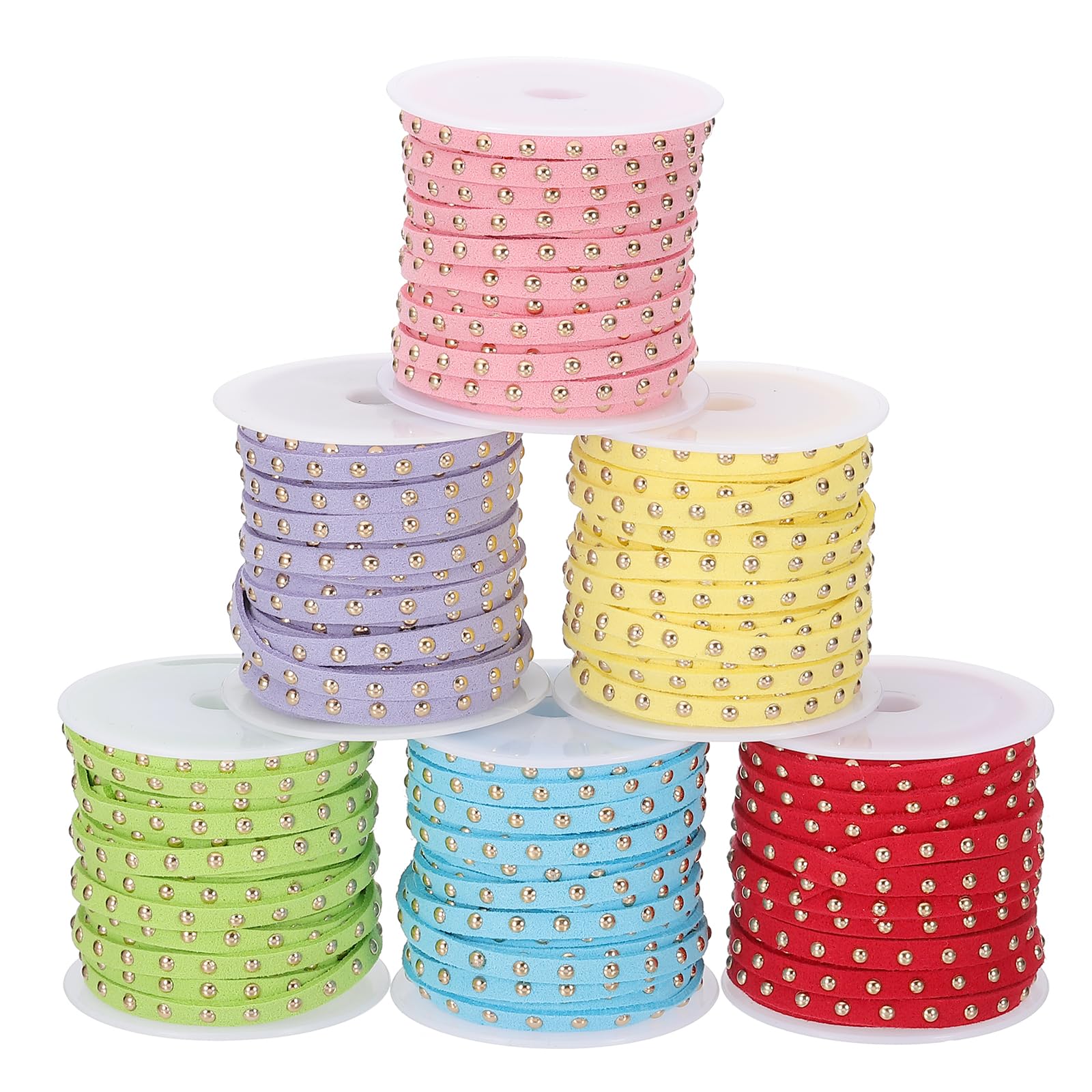 PATIKIL 32.8 Yards Studded Faux Suede Cord Rope for Jewelry Making 6Pcs Each 5m 5mm Flat Leather Lace Beading String Ribbon Gold Rivets