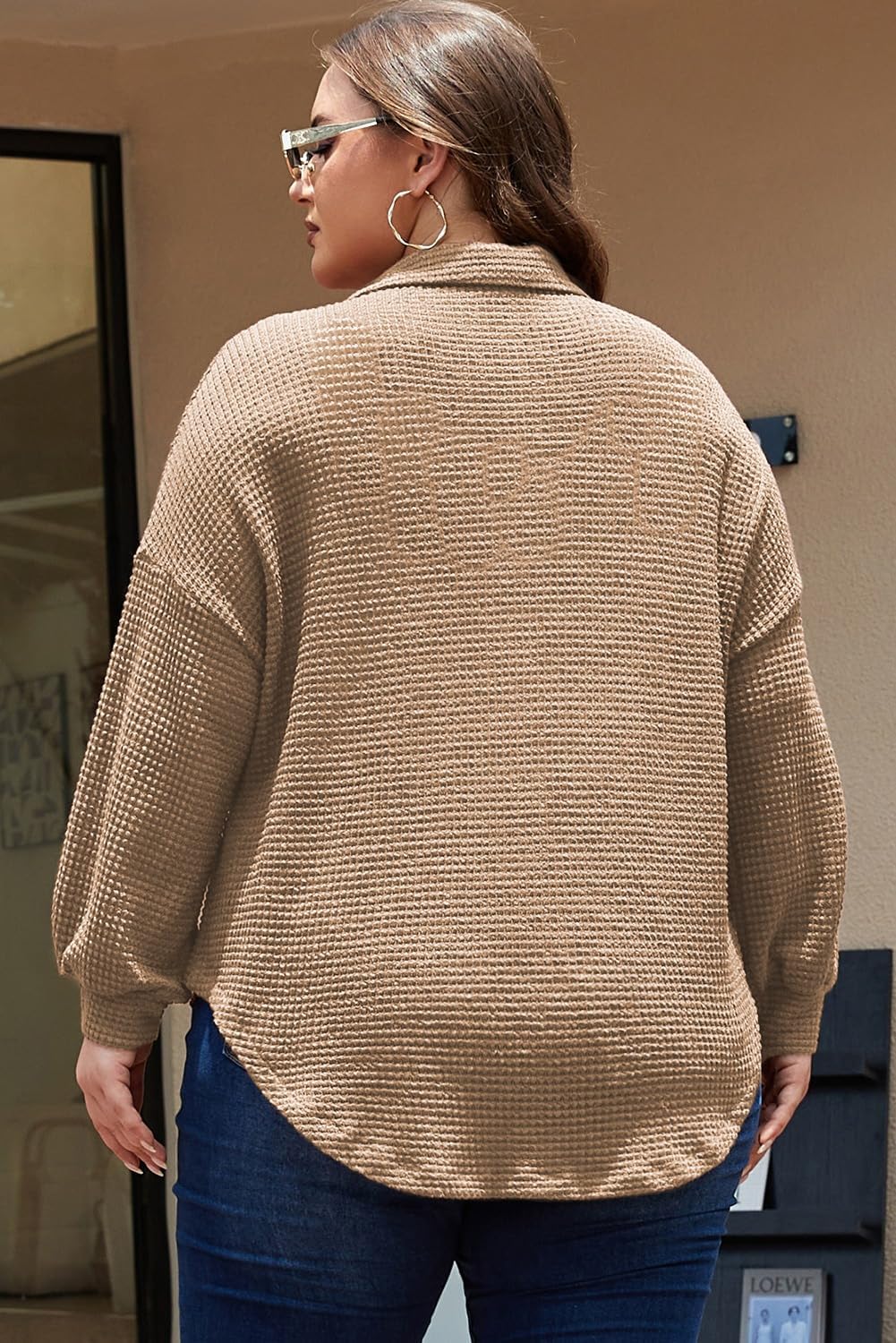 Eytino Womens Plus Size Boyfriend Shirts Casual Long Sleeve Button Down Oversized Waffle Knit Shacket Jacket(1X-5X)
