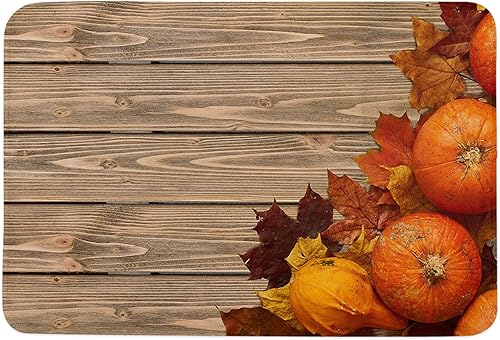 Thanksgiving Day Sponge Beth Mat, Indoor Bathroom Mat Absorb Water, Non Slip Washable Mud Dirt per Mats Rugs for Entrance, Orange Pumpkin and Maple