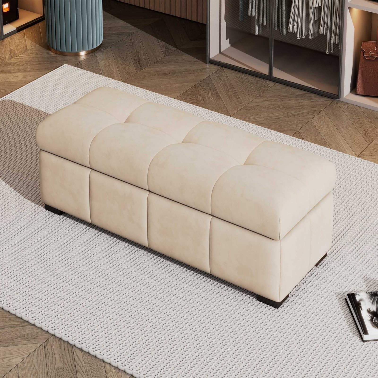 Banc de rangement velours côtelé moderne avec coffre gain de place salon
