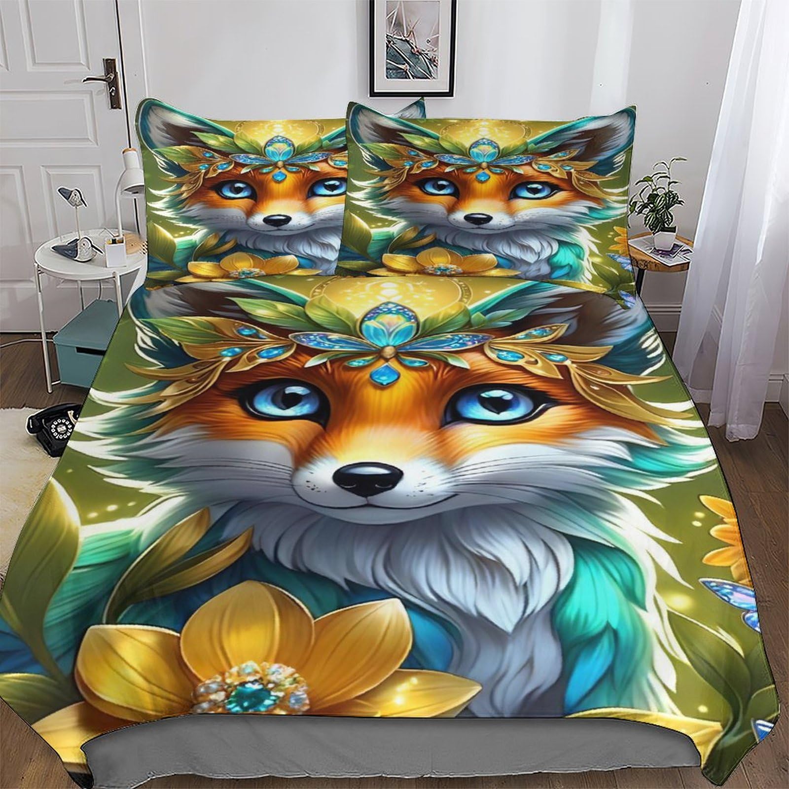 Parure de lit renard 3 pièces avec housse de couette king 220x240 cm et taies en microfbre
