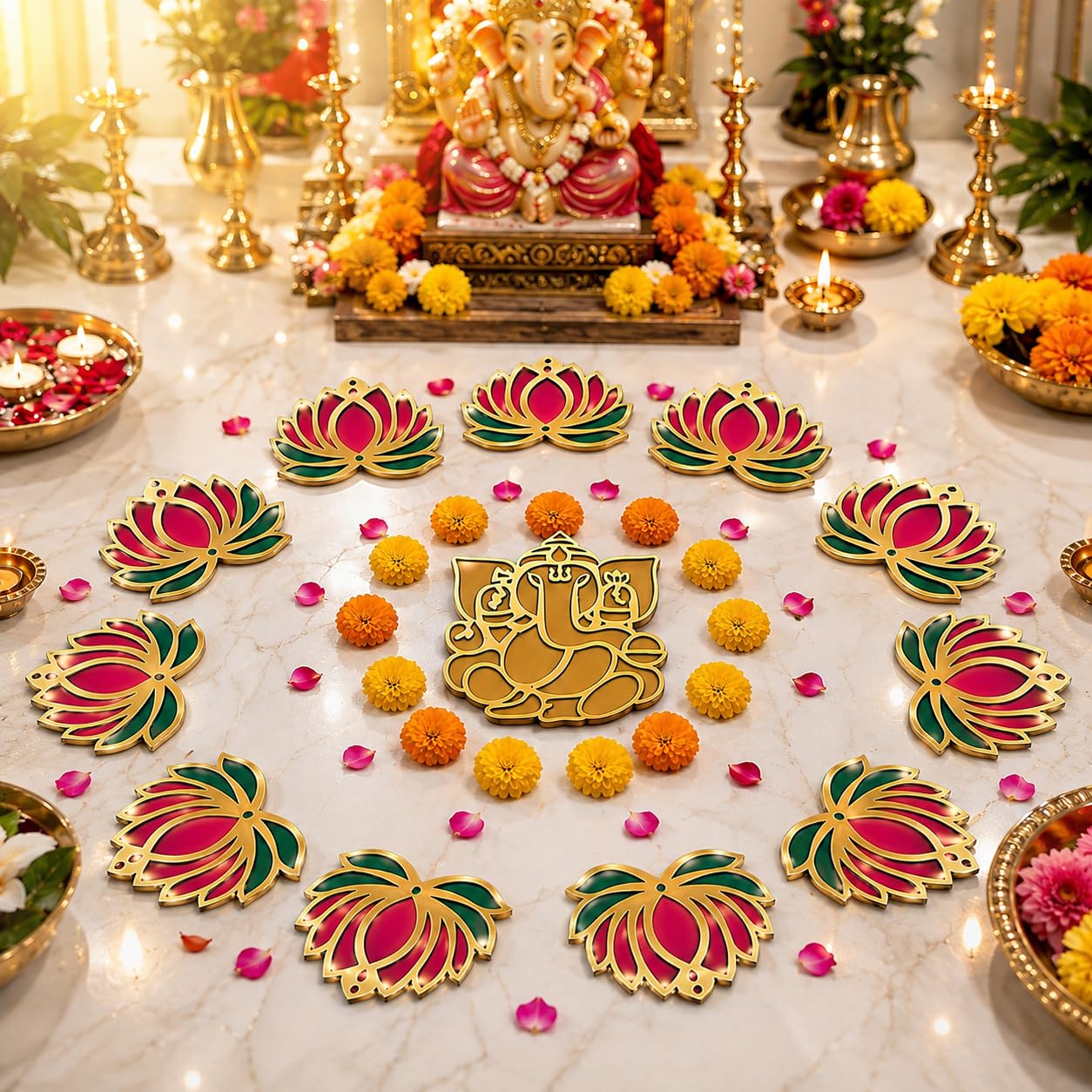 TIED RIBBONS Set of 13 Pcs Wooden Lotus & Lord Ganesha Wall Decoration Kit | Premium Laser Cut Wooden Hanging Décor for Ganesh Chaturthi, Pooja Room, Home, Office - Decoration Item for Home Décor-picture-14