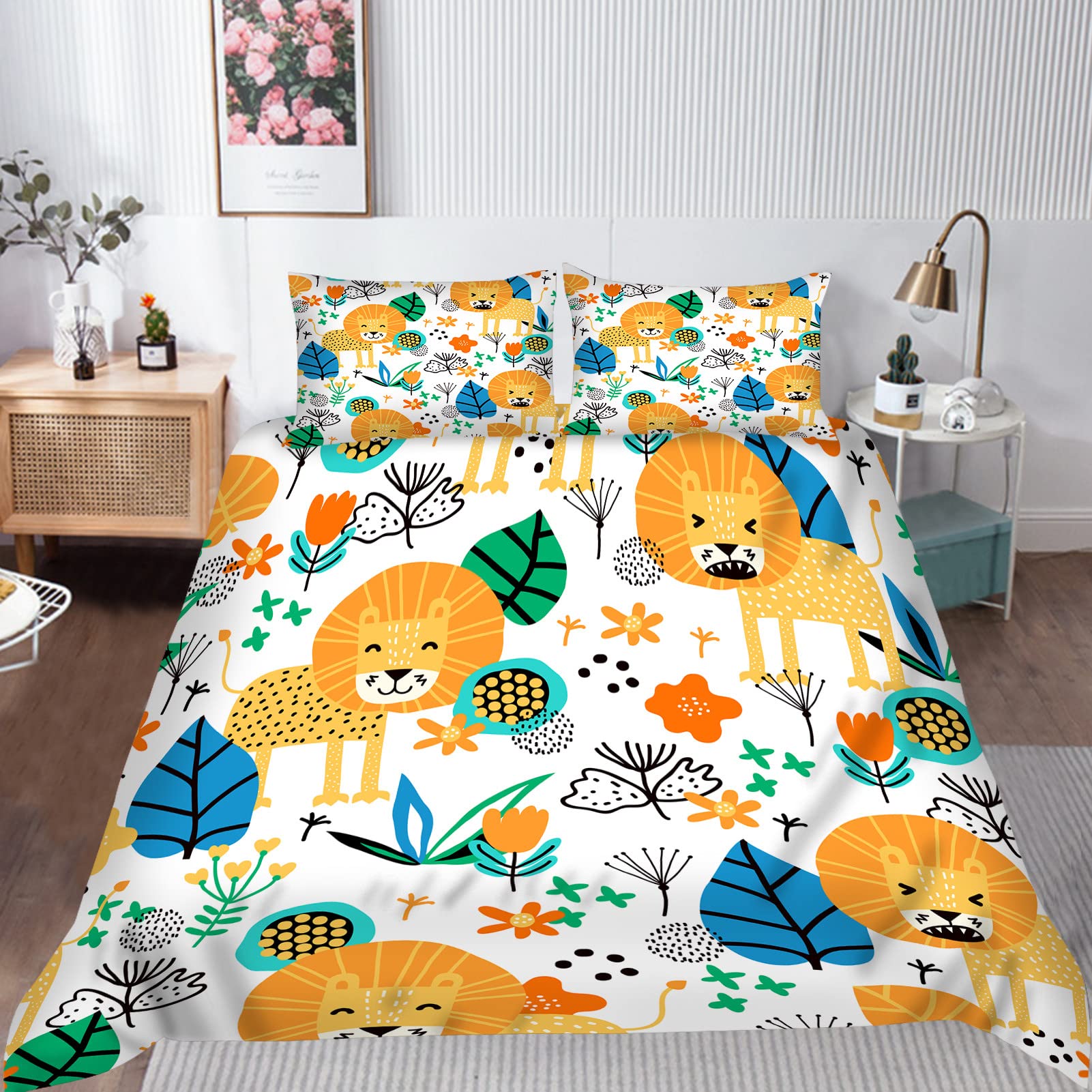 YUANZU Lion Bedding Set Double for Kids Nursery Baby Comforter Duvet Cover Set 3 Pieces Childish Jungle Animal Plant Printed Microfiber Quilt Cover with Zipper Closure (200 x 200 cm & 2Pillowcase)
