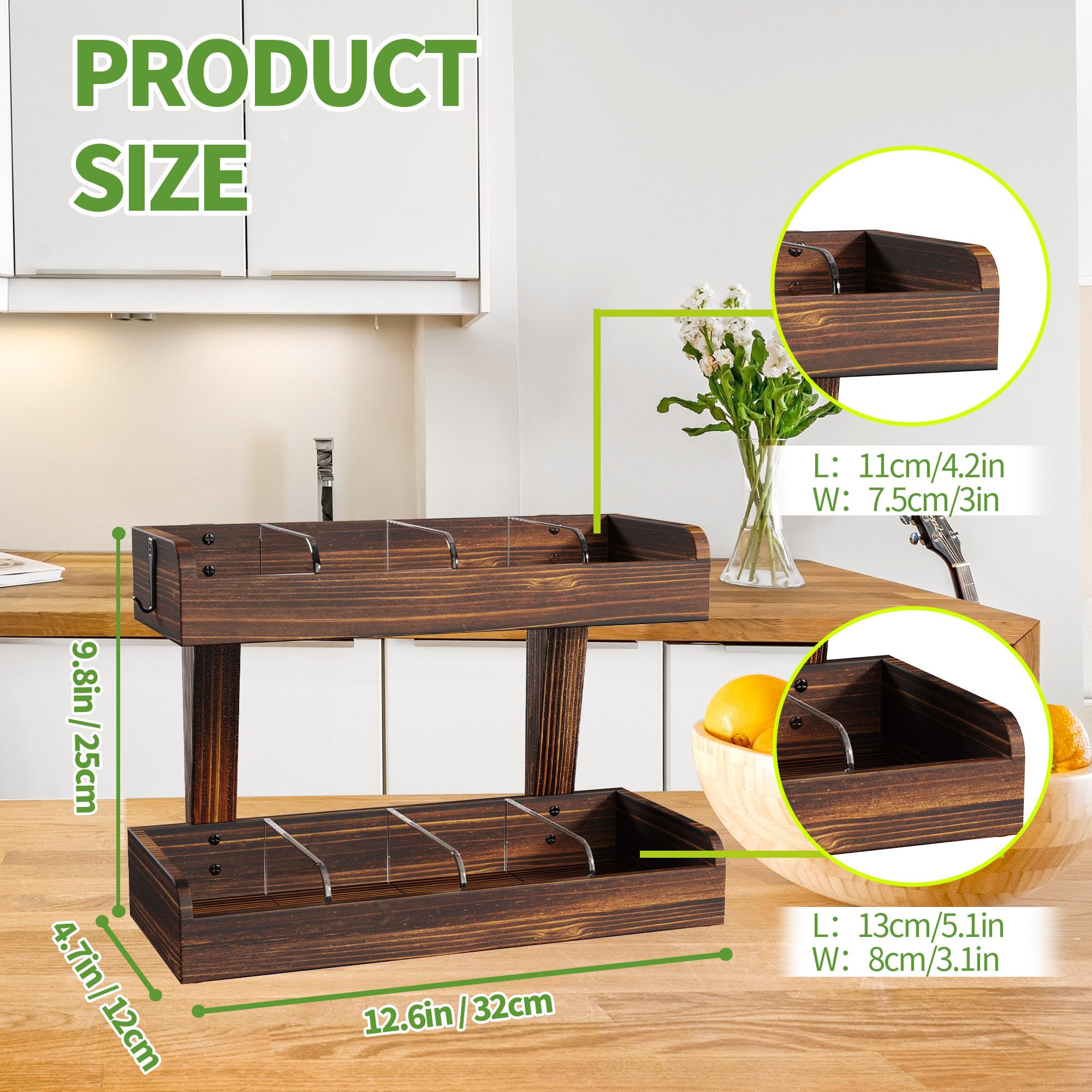 2 Niveles Organizador de Bolsa de Té para El Mostrador, Soporte de Teabag de Madera con Tabiques Ajustables y 2 Ganchos, Organizador de Bolsa de Té de Almacenamiento para La Oficina, Cocina (2 Tire)