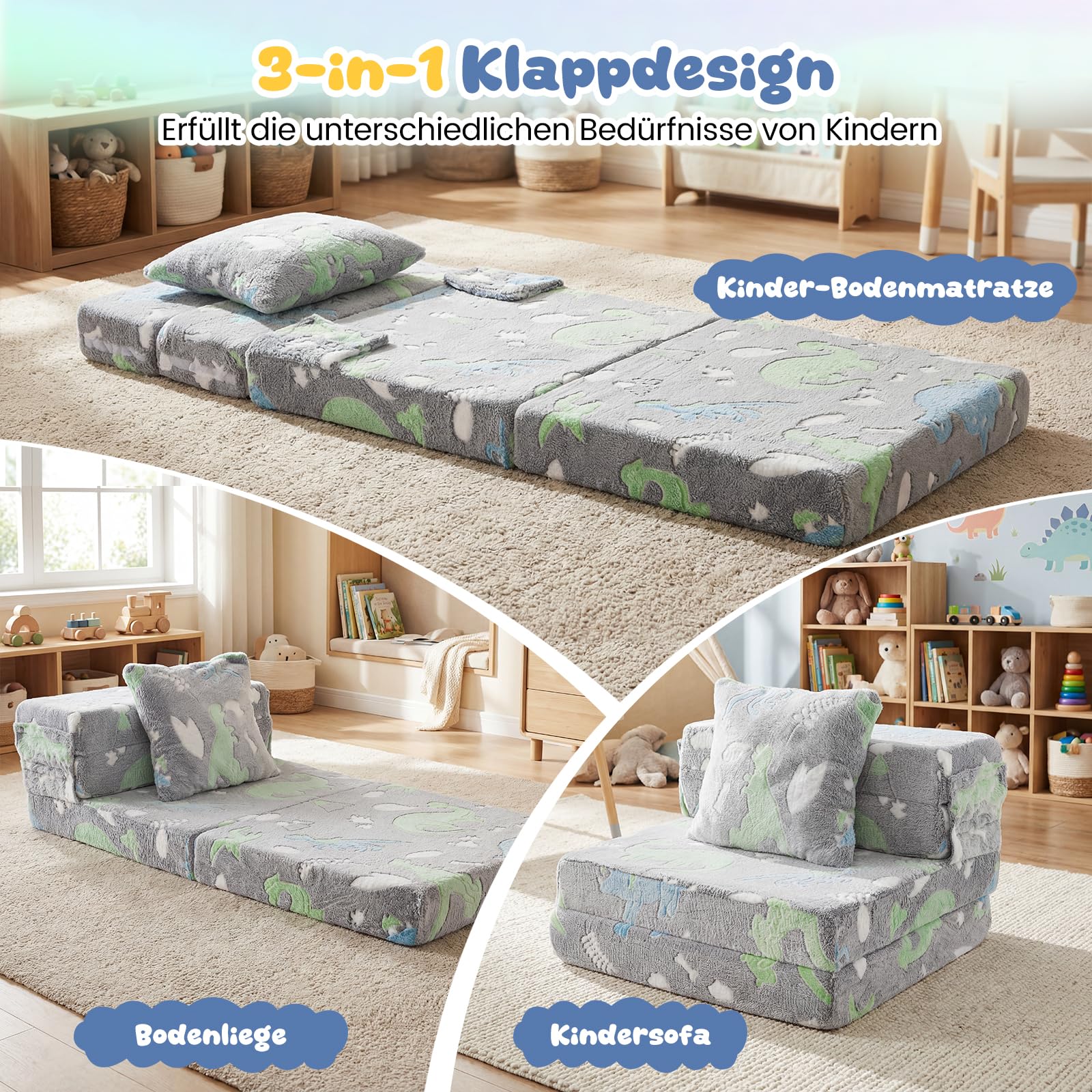 COSTWAY 3 in 1 Kindersofa im Dunkeln Leuchtend, Kindersessel ausklappbar mit Kissen & abnehmbarem Bezug, Kindercouch gepolstert mit Schlaffunktion, Spielsofa umwandelbar für Kinderzimmer (Grau)