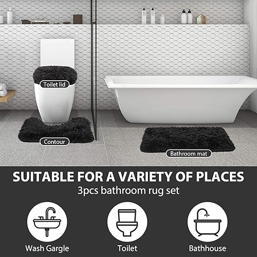Miniatura 6 de Juego de tapetes de baño de 3 piezas de grosor de 0.4 pulgadas, alfombra de baño negra, tapete de contorno y funda para asiento de inodoro,