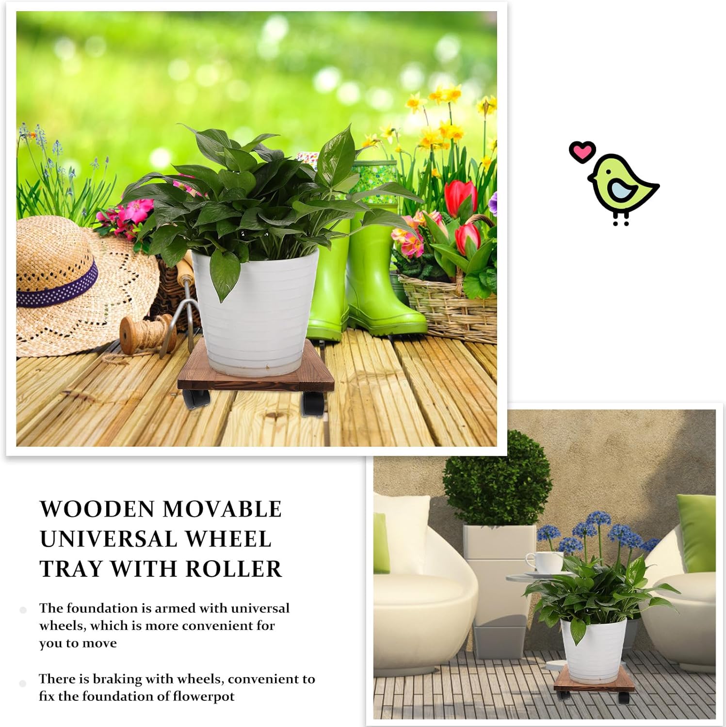 Thickened Solid Wood Movable Flowerpot Tray with Lockable Casters 30x30cm Plant Caddy Base for Indoor Outdoor Planter Storage and Rolling