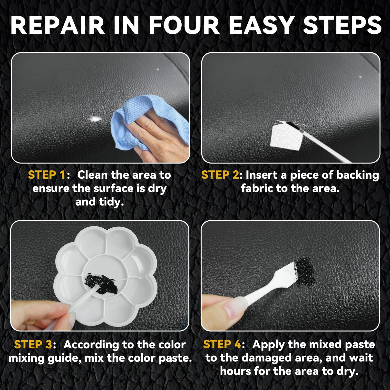 Black Leather Repair Kit Car Interior, Vinyl Repair Kit for Furniture, Sofa, Jacket, Purse – Super Easy Instructions to Fix Scratches, Tears, Holes, and Peeling