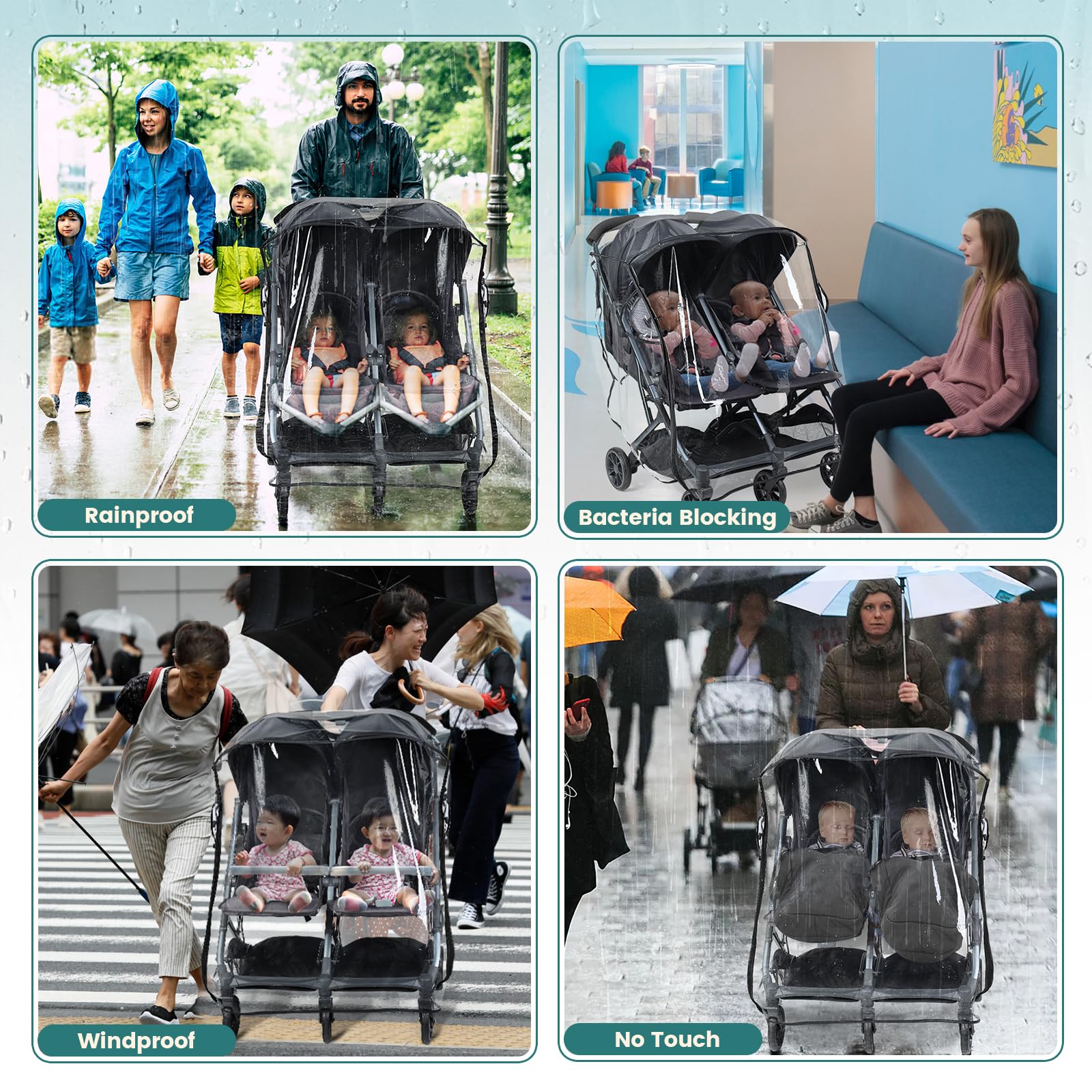 IvyWind Funda impermeable para cochecito doble, protector universal para cochecito de bebé lado a lado, funda transpirable para todo tipo de clima contra la lluvia, la nieve y el polvo