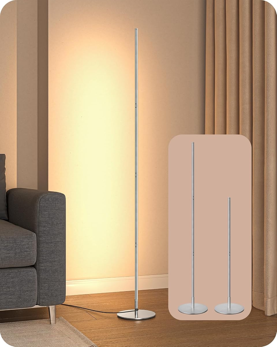 EDISHINE 59.84" LED Corner Floor Lamp, 3000K & Stepless Dimmable, Silver | Warm White Light, Foot Switch, Adjustable Height, Sturdy Base Floor Lamp for Bedroom, Living Room, Office