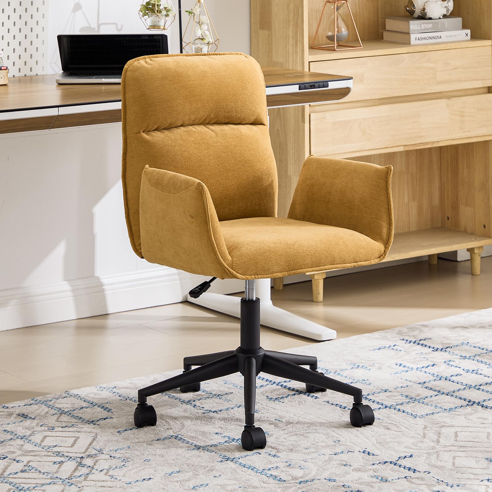 chairus Modern Desk Chair 360° Swivel Chenille Upholstered Home Office Chair with Adjustable Height for Bedroom/Reception Area, Yellow