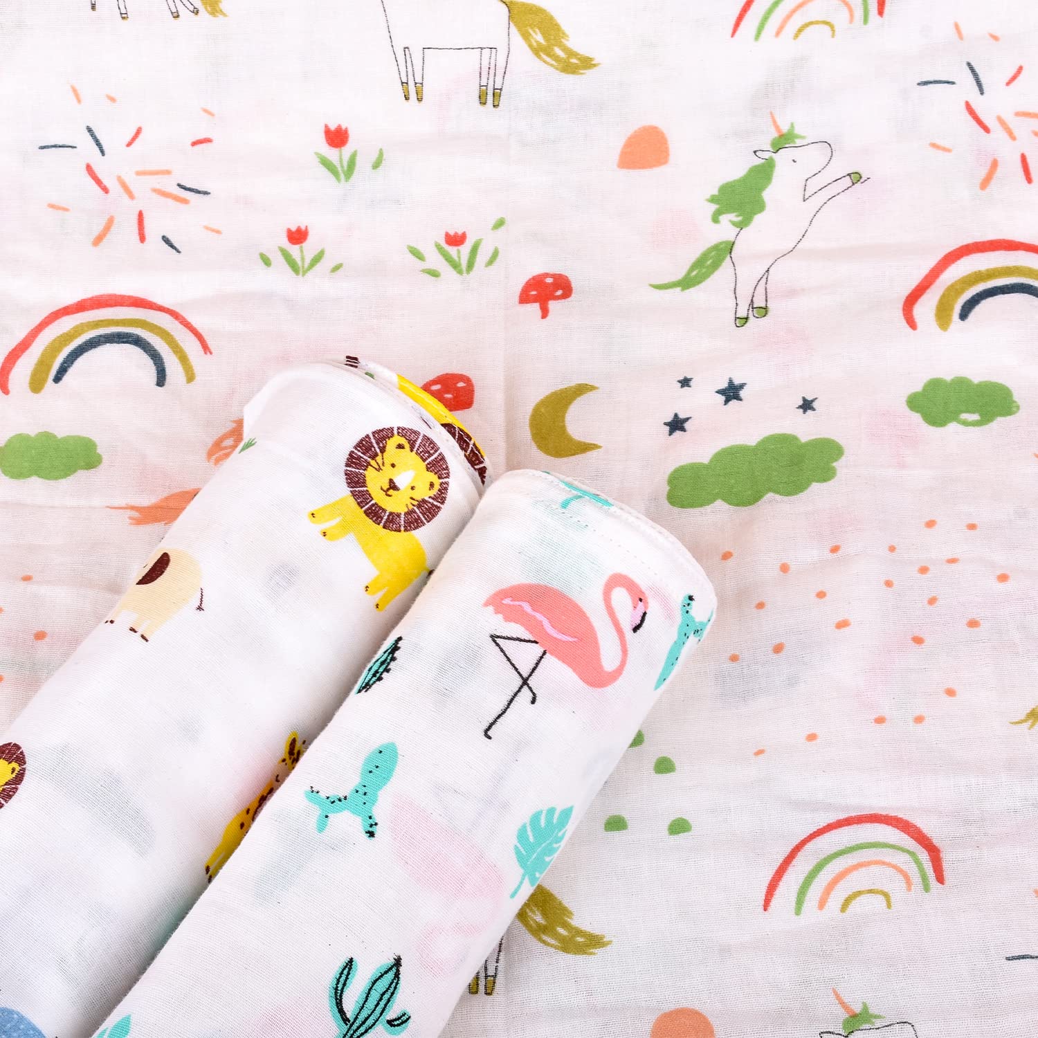 MOM'S HOME Organic Cotton Baby Muslin Swaddle - Pack of 3-100x100 cm (PinkGirafLionFlamingo) 1