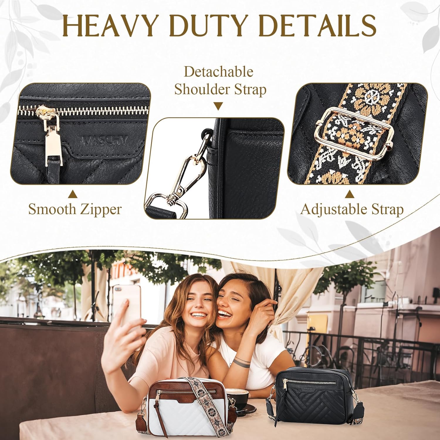 VASCHY Crossbody Purse Bags Women, Trendy Vegan Leather Quilted Chevron Small Shoulder Bag with Detachable Guitar Strap