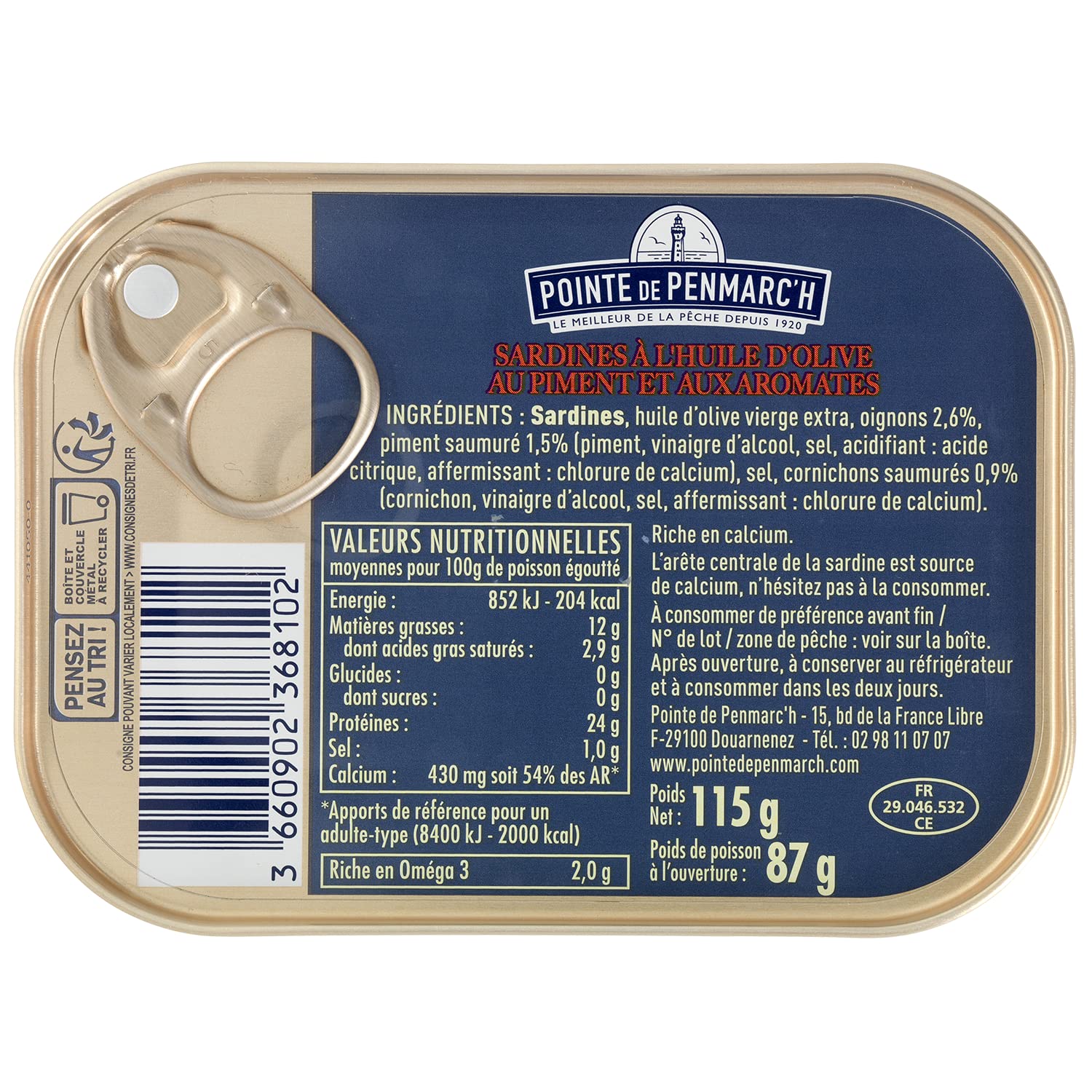Sardines à l'ancienne à l'huile d'olive, piment et aromates Pointe de Penmarc'h le lot de 6 boîtes de 115g - Livraison en 2 à 3 jours ouvrés depuis la Bretagne