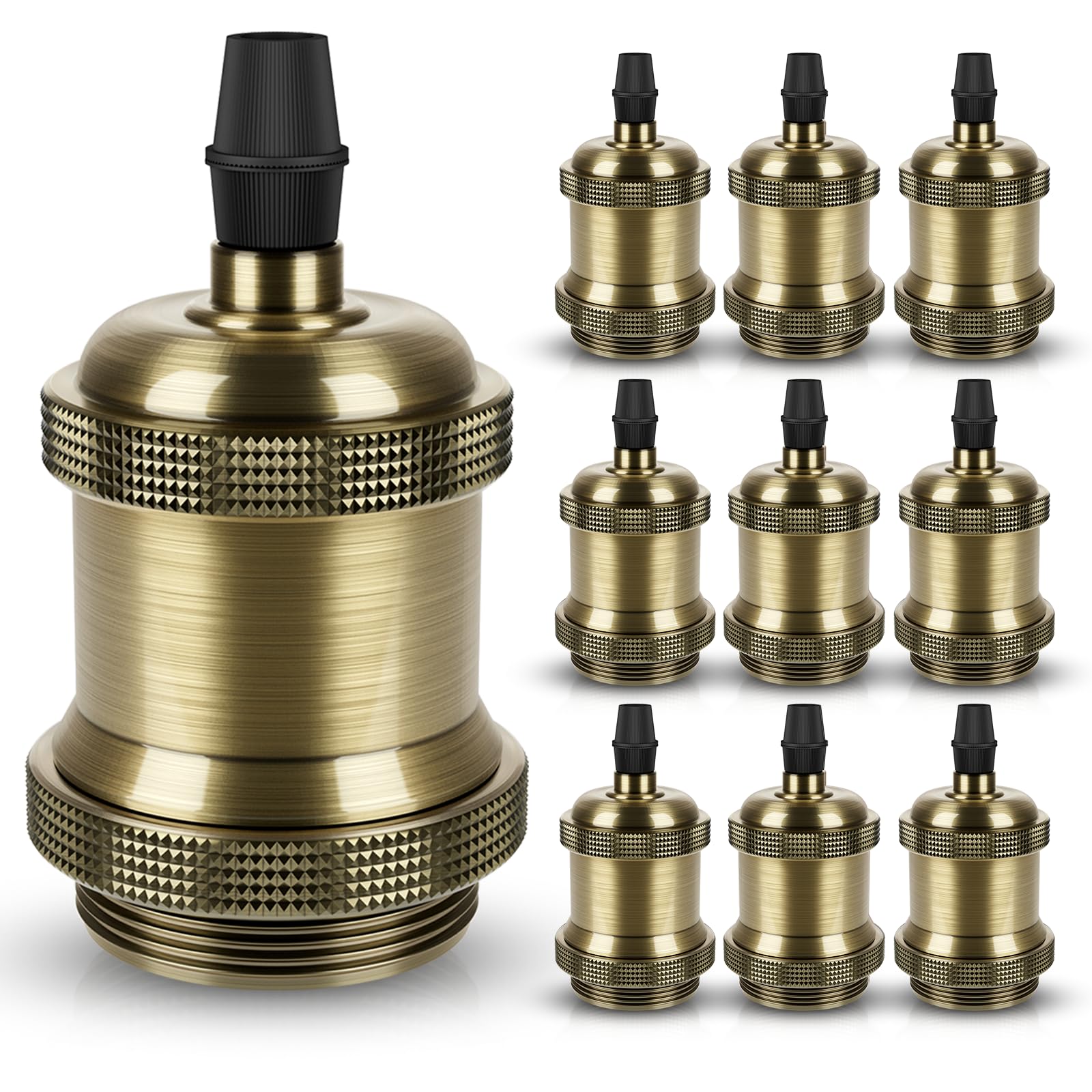 DiCUNO E27 vintage solid Lampenfassung, Aluminium & Keramik Lampenhalter, E27 Sockel für Glühbirne, Antiker-Look für Wand-, Tisch- & Deckenleuchte, DIY Zubehör, Champagne Gold, 10er Pack