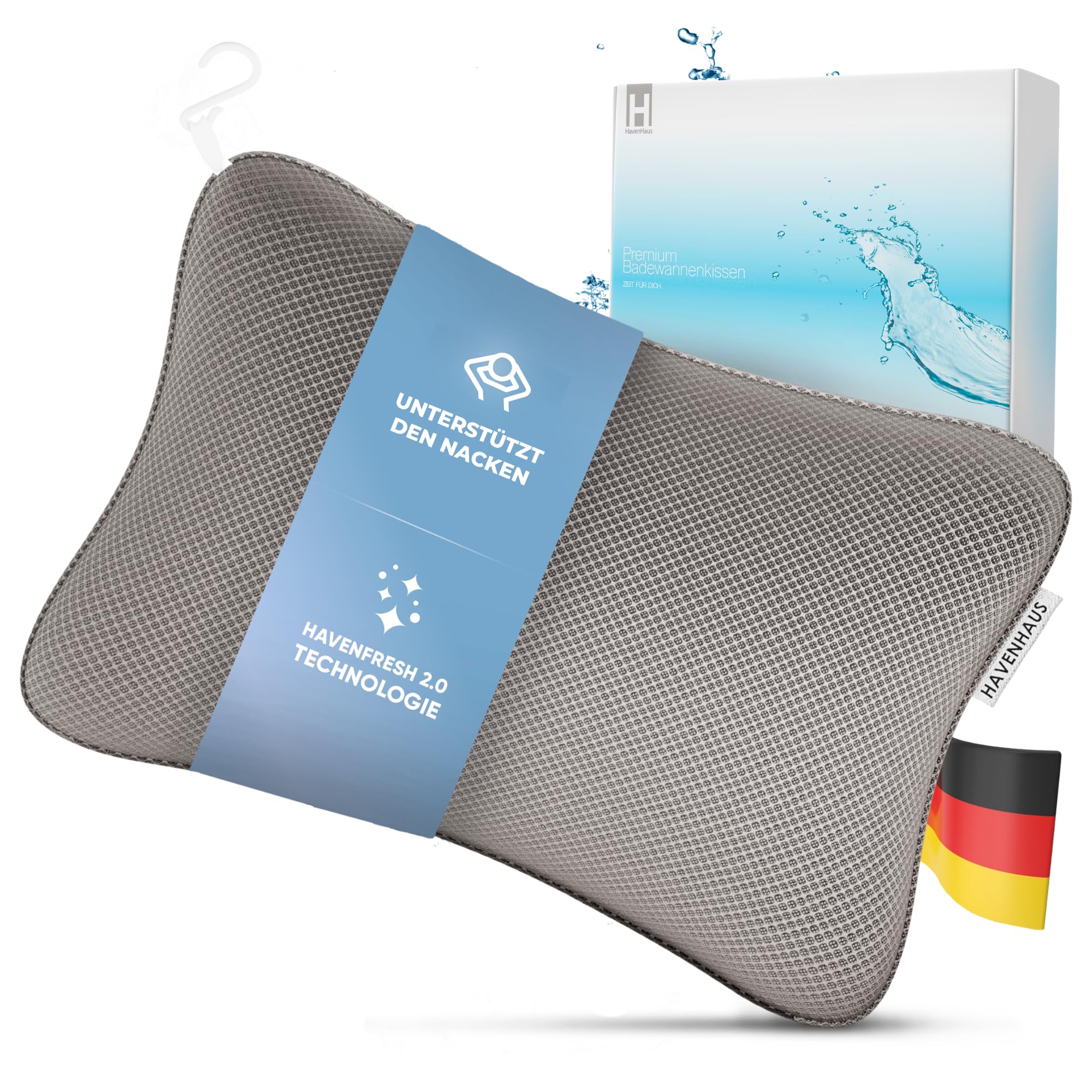 HAVENHAUS Premium Badewannenkissen grau | Badekissen für Badewanne schnelltrocknend & extra große Saugnäpfe für festen Halt | Nackenkissen Badewanne waschbar | Kissen für optimale Nacken Entspannung
